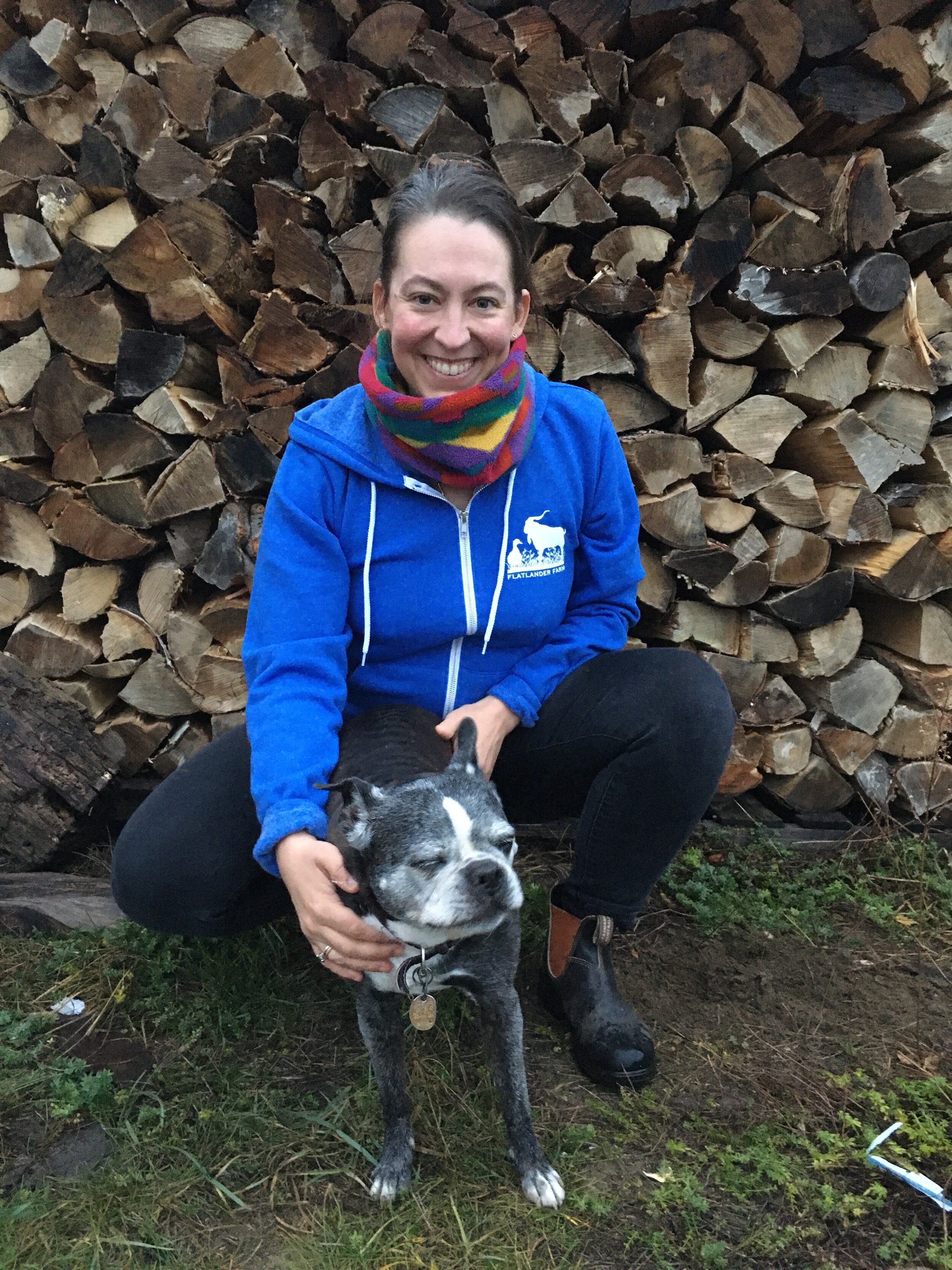 blue Flatlander Farm zip up sweater on Lisa with dog