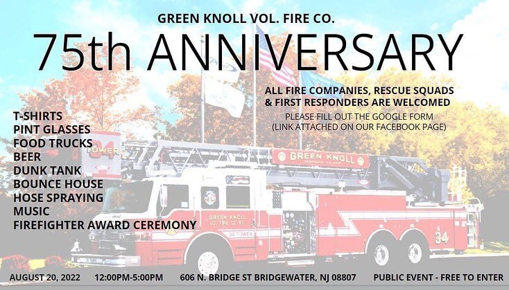Join us as we partner with @greenknollfire for their 75th Anniversary! 10% of our profits will be donated to them! Thank you for your services to the community!

Saturday, 8/20
12pm-5pm!
606 N Bridge St
Bridgewater, NJ

#foodtruck #75thanniversary #g