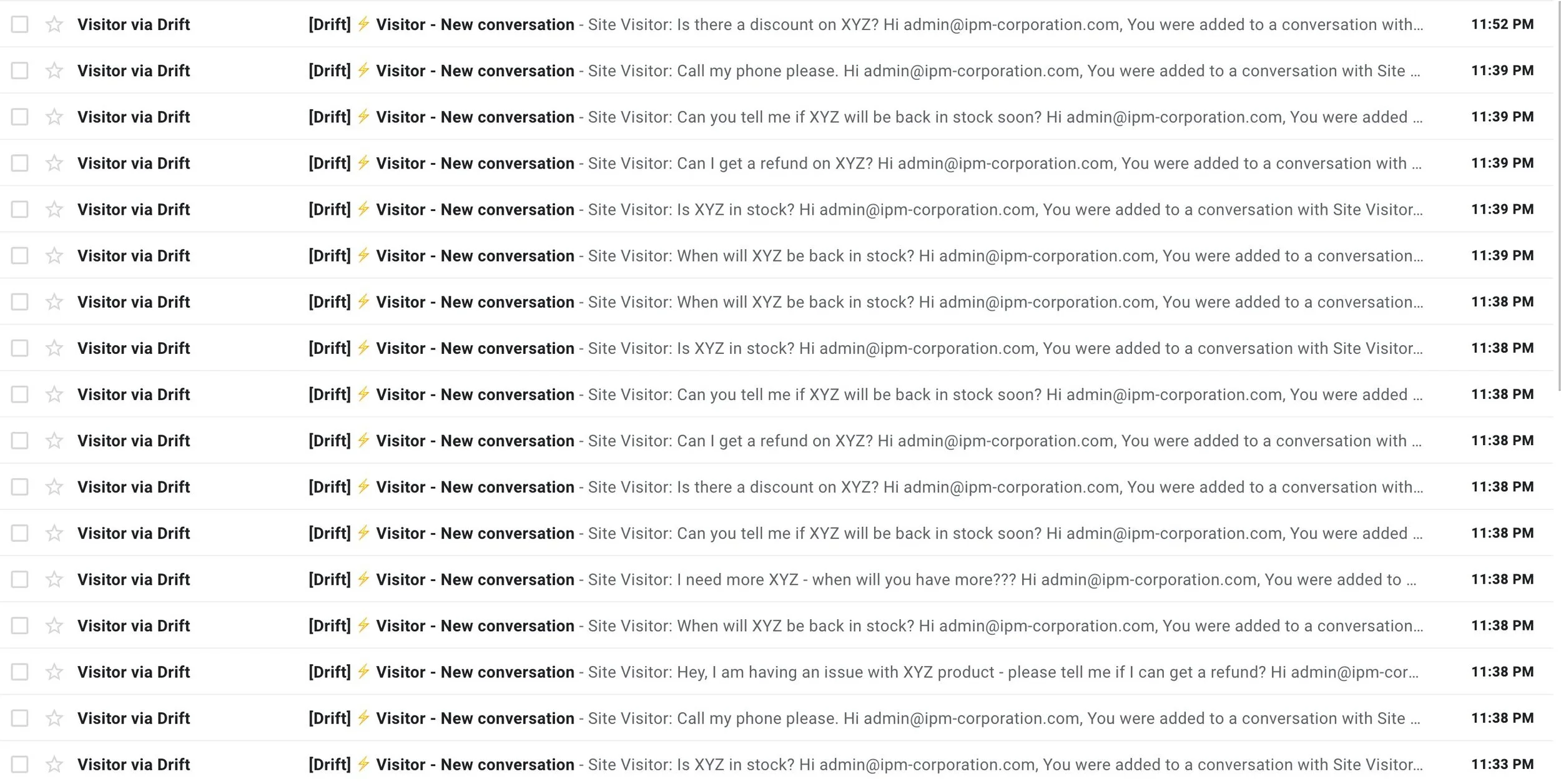 A completely flooded gmail account showing dozens of messages from distinct visitors within the span of several minutes.