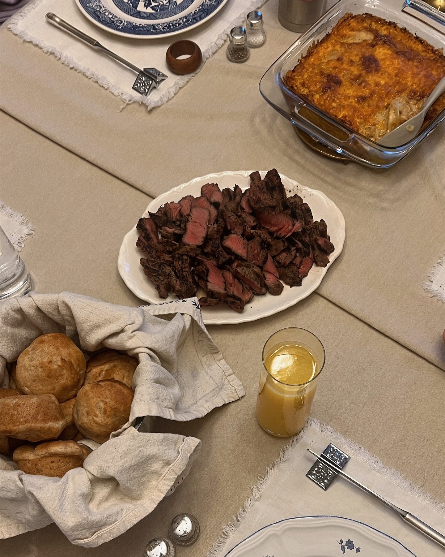 A steak and (cheesy) potatoes kind of night &mdash; honorable mentions: whole wheat rolls, a perfect angel girl, and a semi-marbled chocolate vanilla cake 🍰