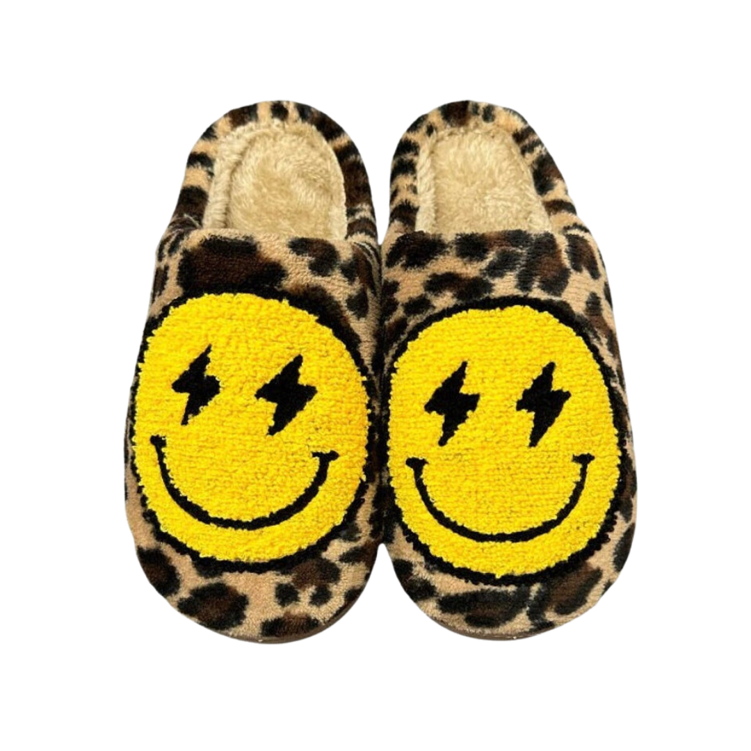 Soft and Cozy Lounge Cheetah Print Lightning Bolt Smiley Face Slippers ...