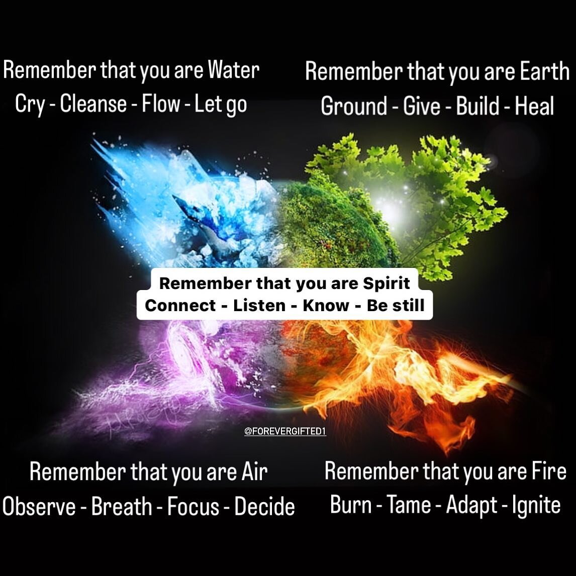 The 5 elements are made up with everything around us in nature &amp; of course spirit being ourselves. 

connect daily to bring you inner peace, healing &amp; wisdom 🙌🏼

💧Water 
Healing - Expression - Peace - Compassion

💨 Air 
Intuition - Knowle