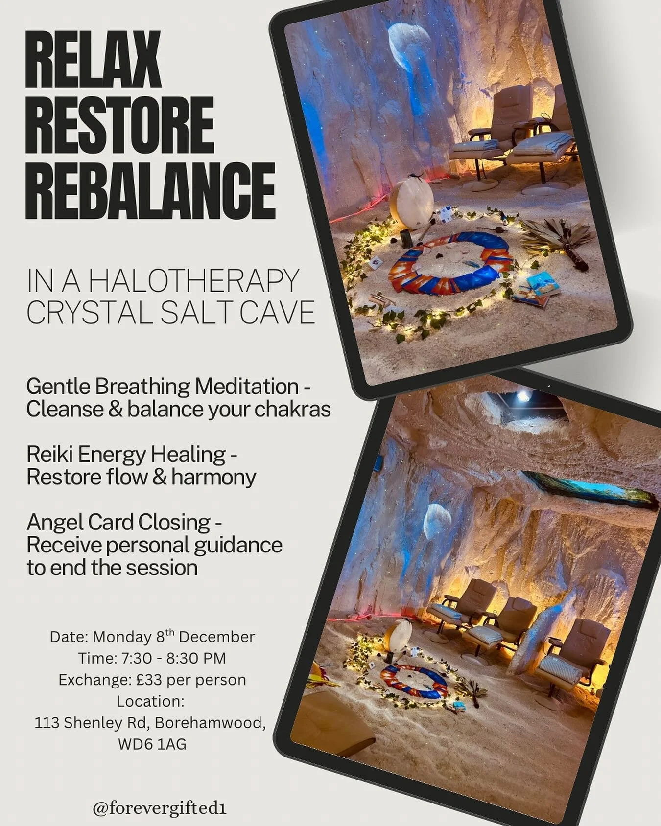 ✨ Join us for a deeply relaxing and healing experience in the unique setting of a crystal salt cave. ✨ @crystalsaltcaveuk 

Soak in the healing benefits of Halotherapy as gentle breathwork helps cleanse &amp; balance your chakras.
Drift deeper with R