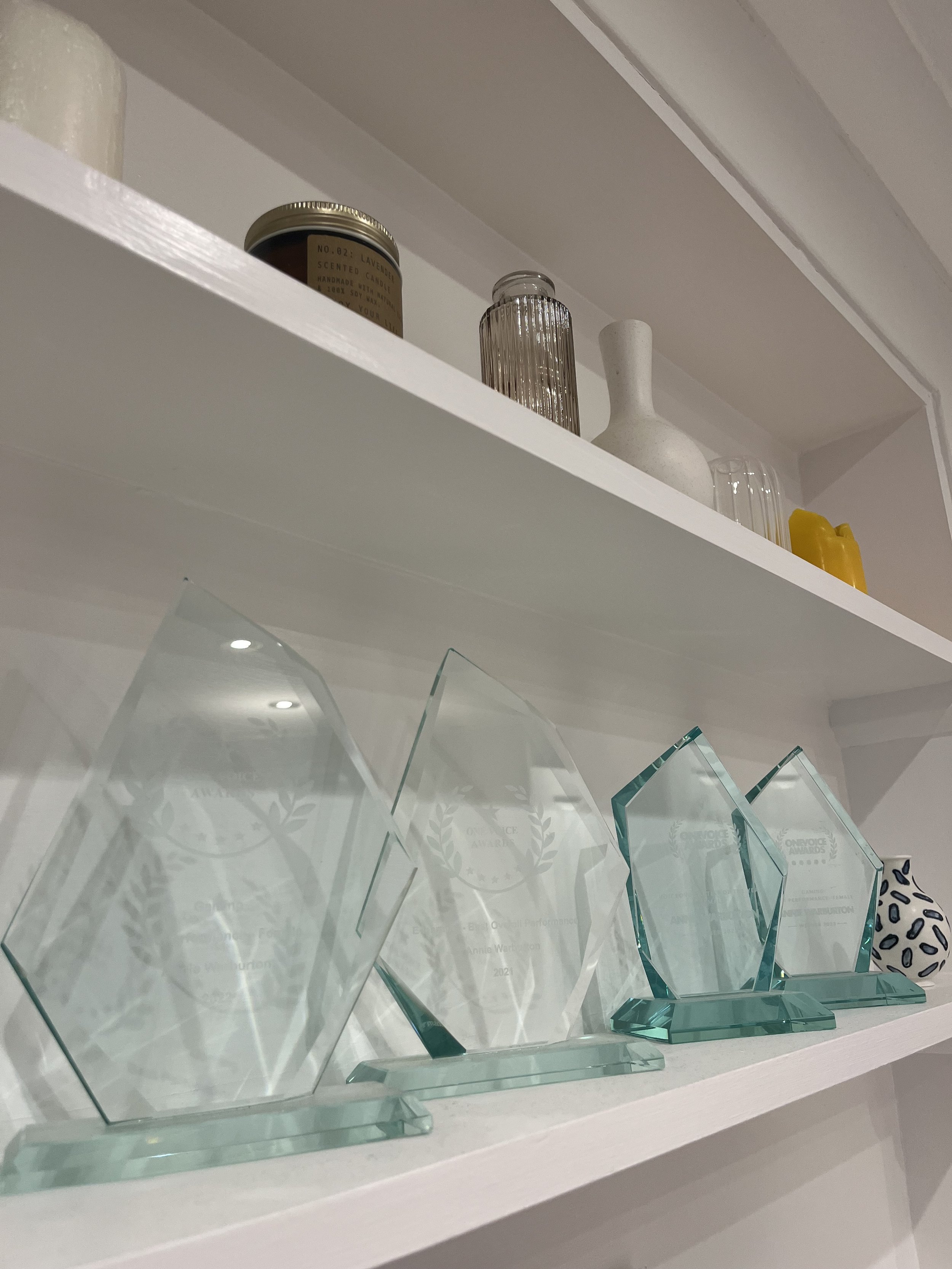 Radio Advert Voiceover - voice acting awards shelf in Annie Warburton's home studio