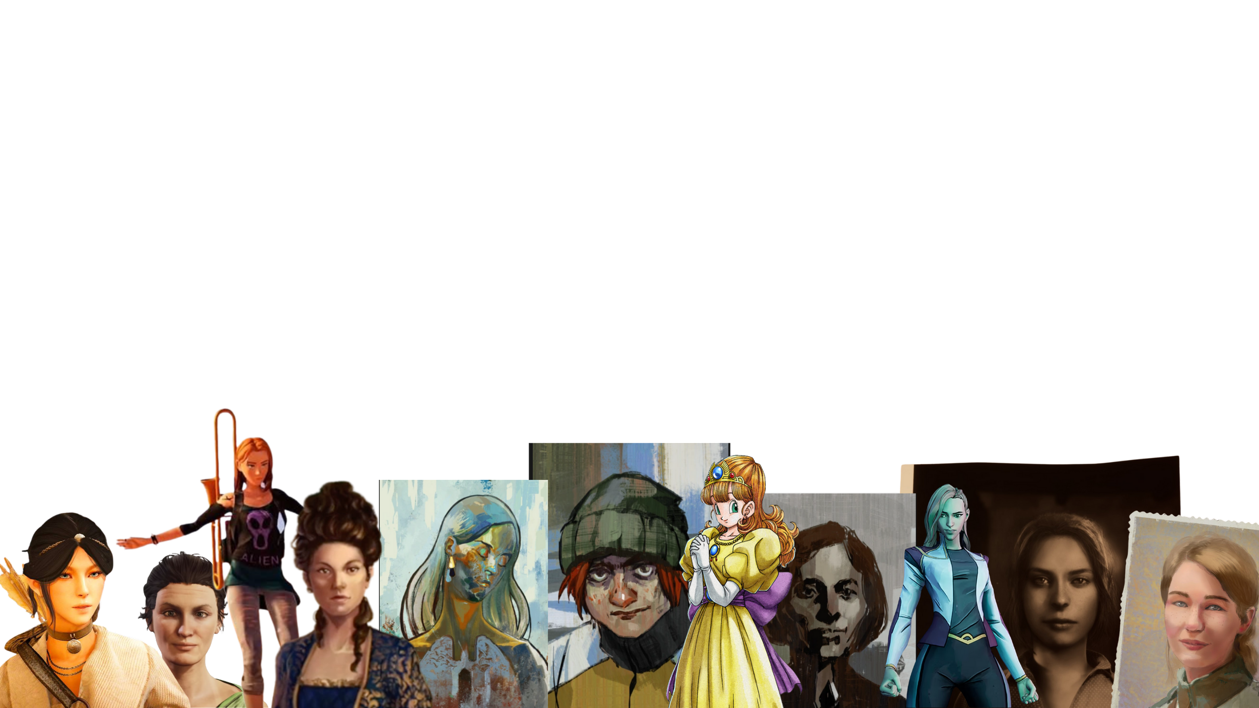 A collage of voiceover characters Annie has voiced including Cunoesse and Delores from Disco Elysium, Martha from Martha is Dead and Princess Gwaelin from Dragon Quest.