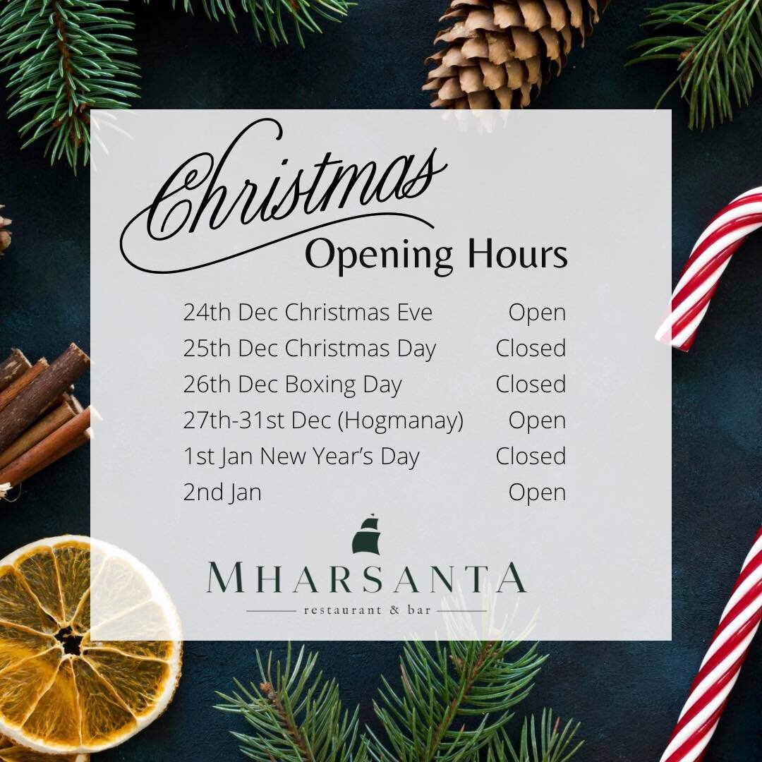 ✨CHRISTMAS OPENING HOURS✨ 

Please keep in mind we are closed on Christmas Day, Boxing Day and New Year&rsquo;s Day.

Last table sittings:
6.30PM on Christmas Eve 
7.30PM on New Year&rsquo;s Eve 

If you would like to join us during the festive perio