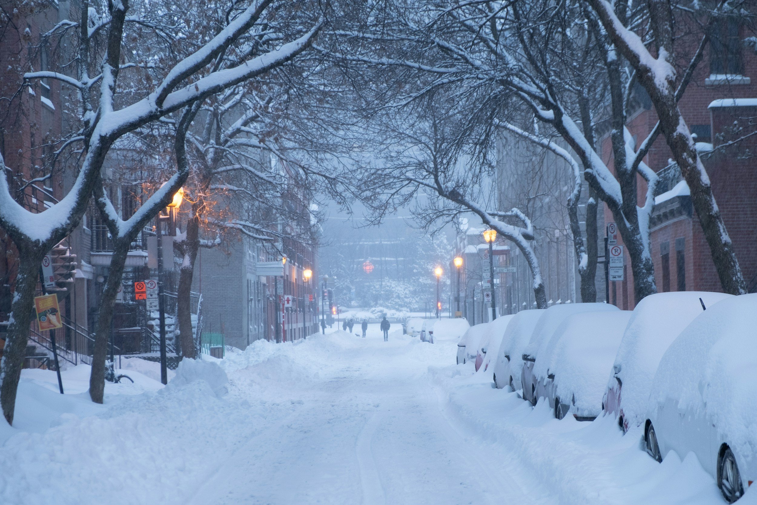 A city street is covered in snow, and quiet.