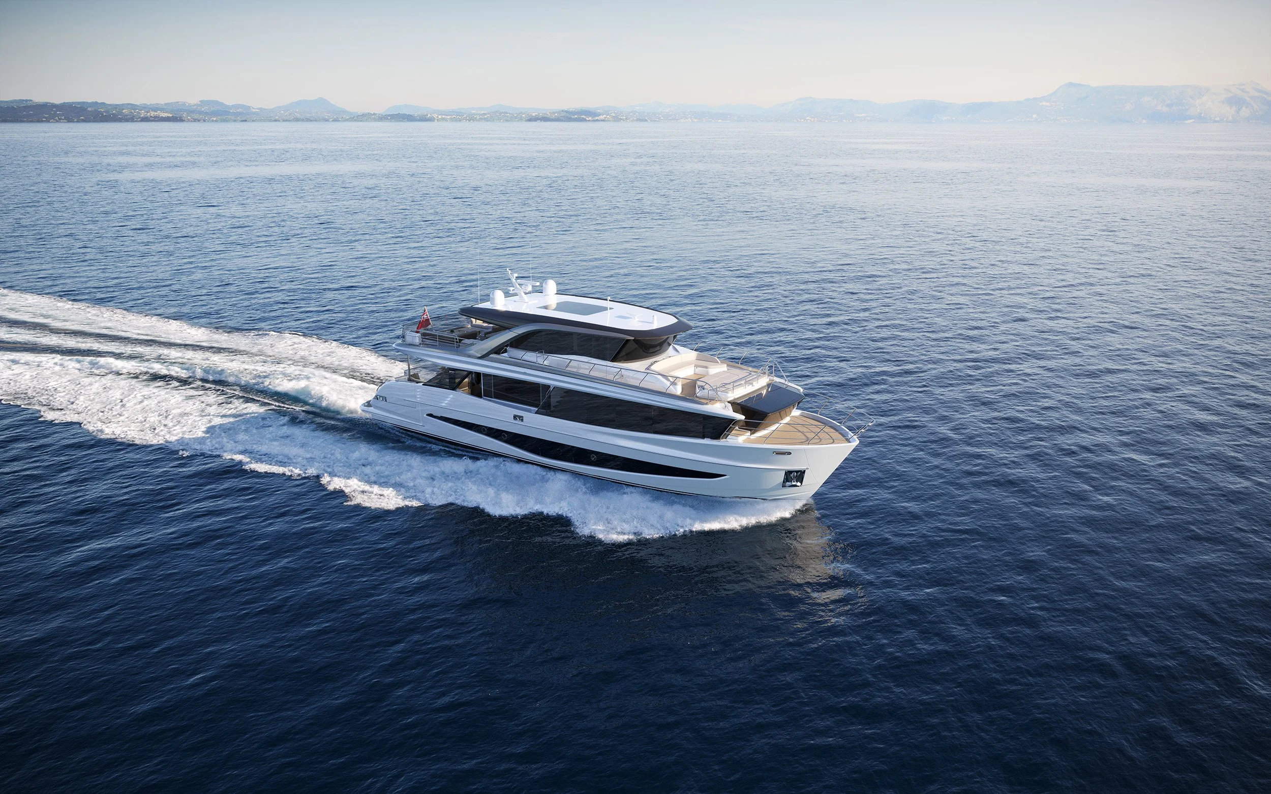 Super yacht CGI visualisation - A large white luxury yacht sailing on calm ocean waters with land and mountains in the background.