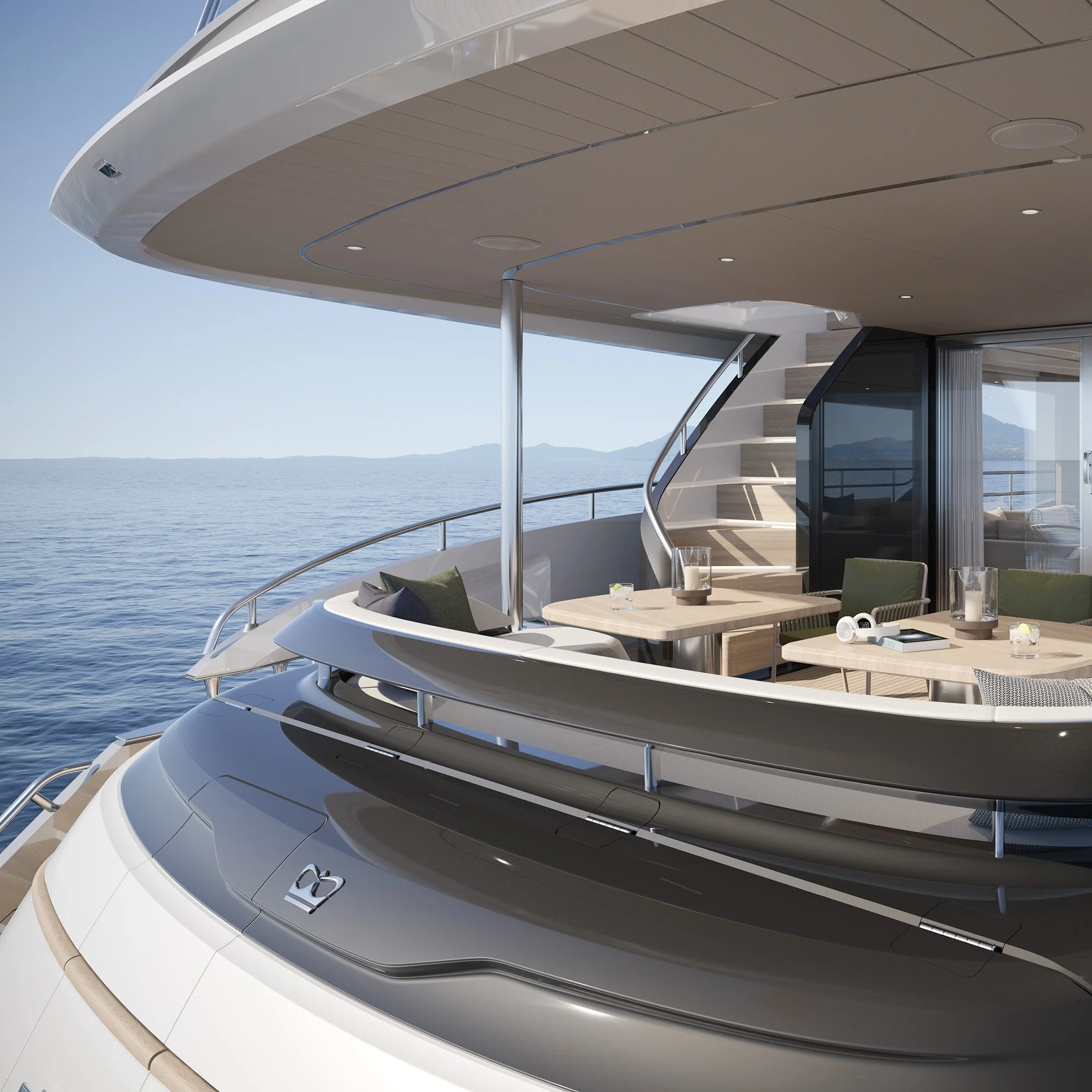 Yacht CGI visualisation - Luxury yacht's outdoor deck with seating and dining area, ocean view in the background.