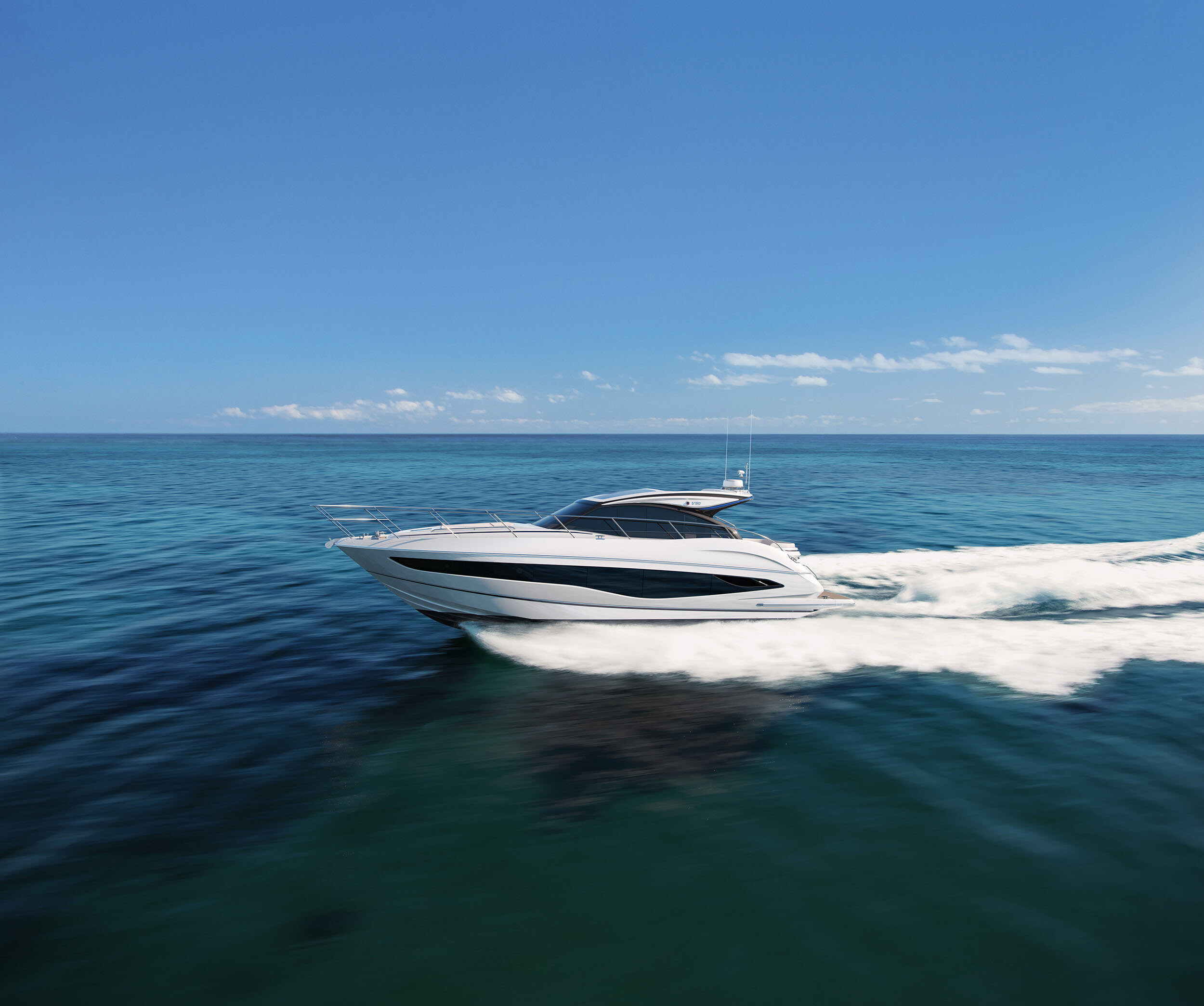 Yacht CGI visualisation - Princes Yacht yacht with black accents sailing on calm blue ocean waters under a clear blue sky with a few scattered clouds.