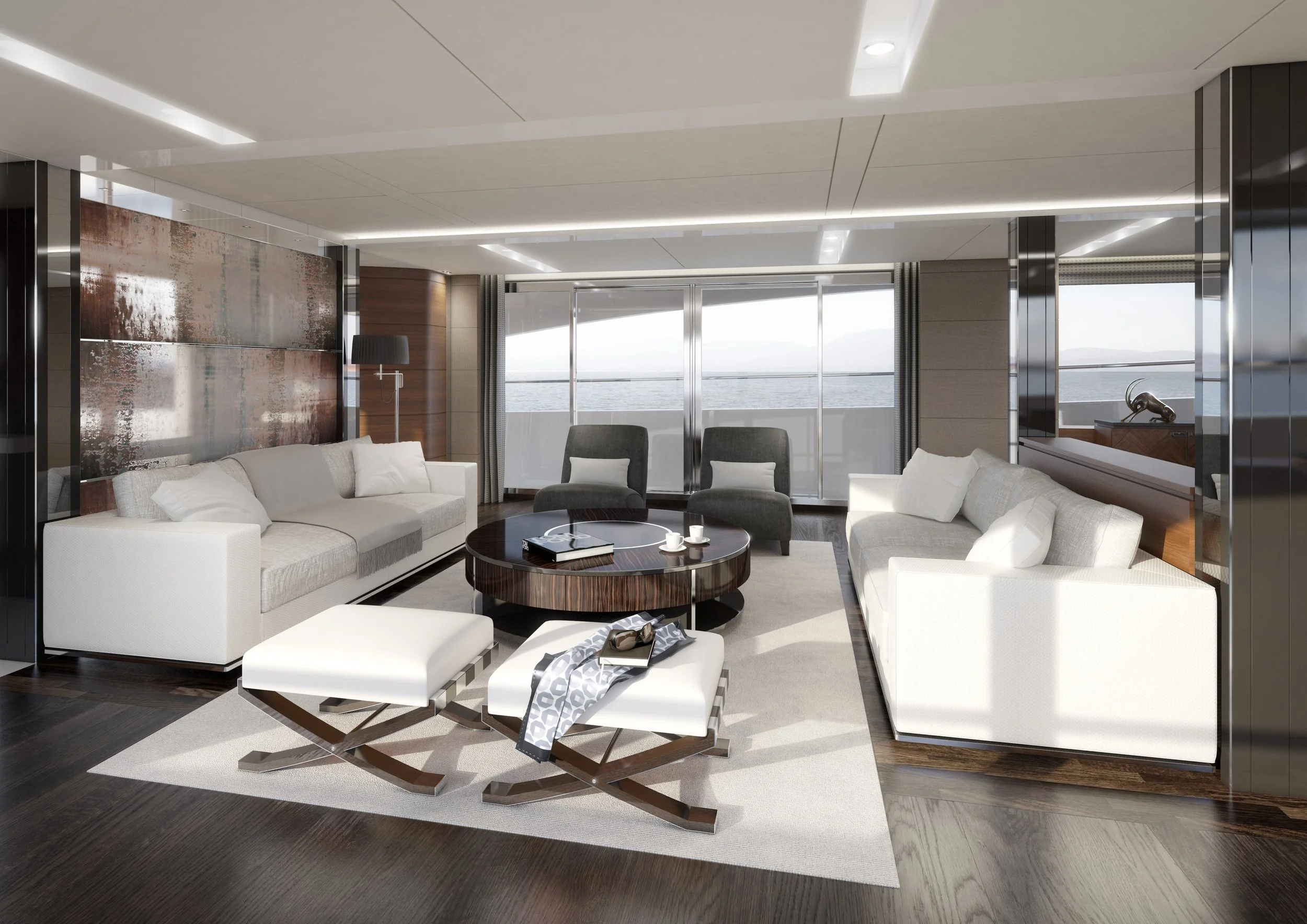 Yacht CGI visualisation - Modern living room with white sofas, dark armchairs, a round coffee table, and a view of the ocean through large glass windows.