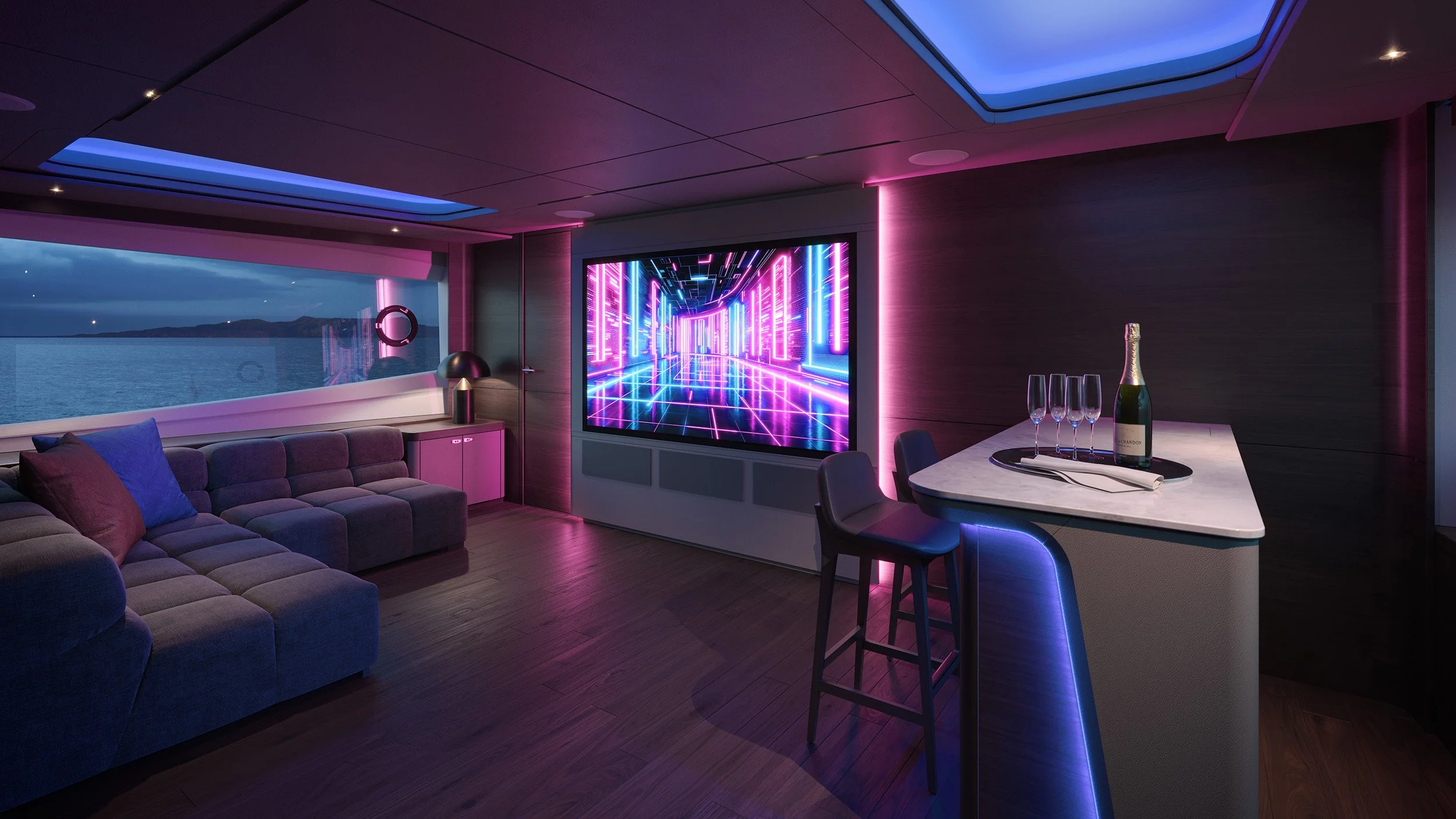 3D Visualisation - CGI of yacht interior cinema © Arcmedia Limited