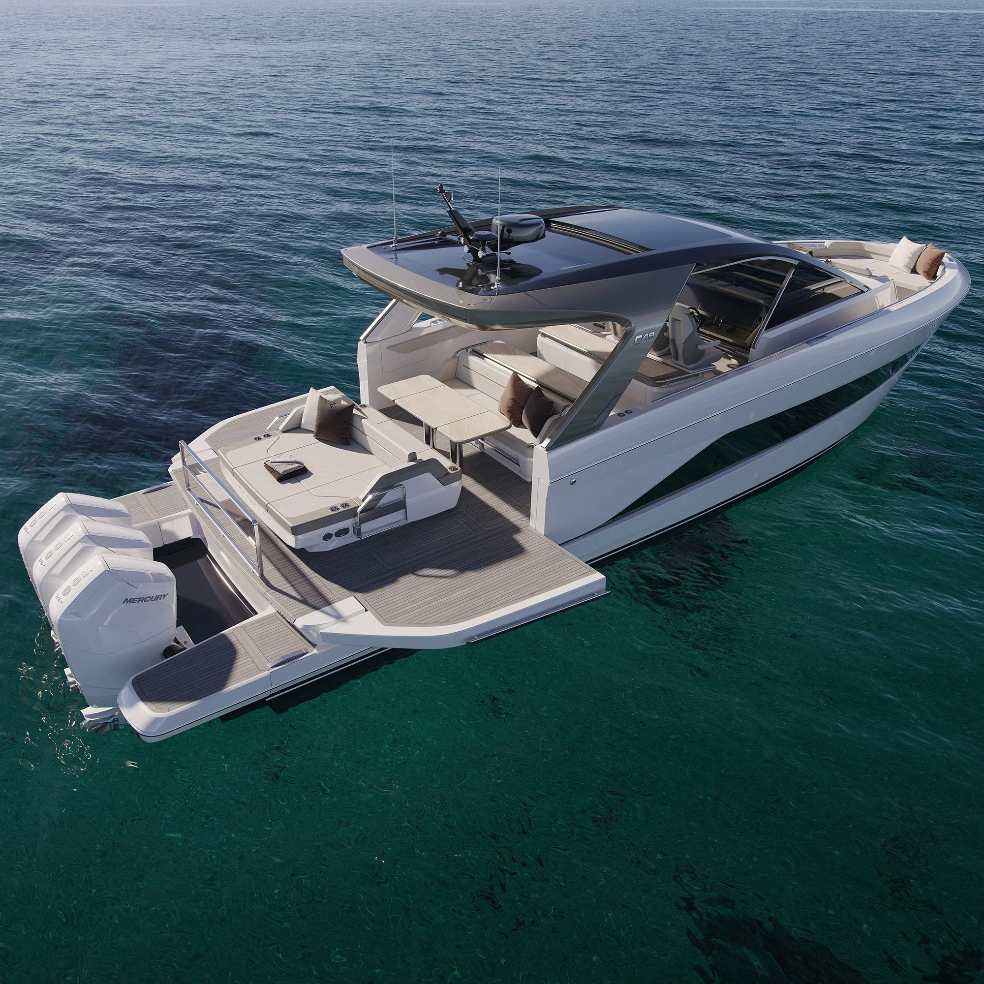 Yacht CGI visualisation - A modern luxury motor yacht anchored on clear blue water, featuring multiple decks with seating areas, a table, and twin outboard engines.