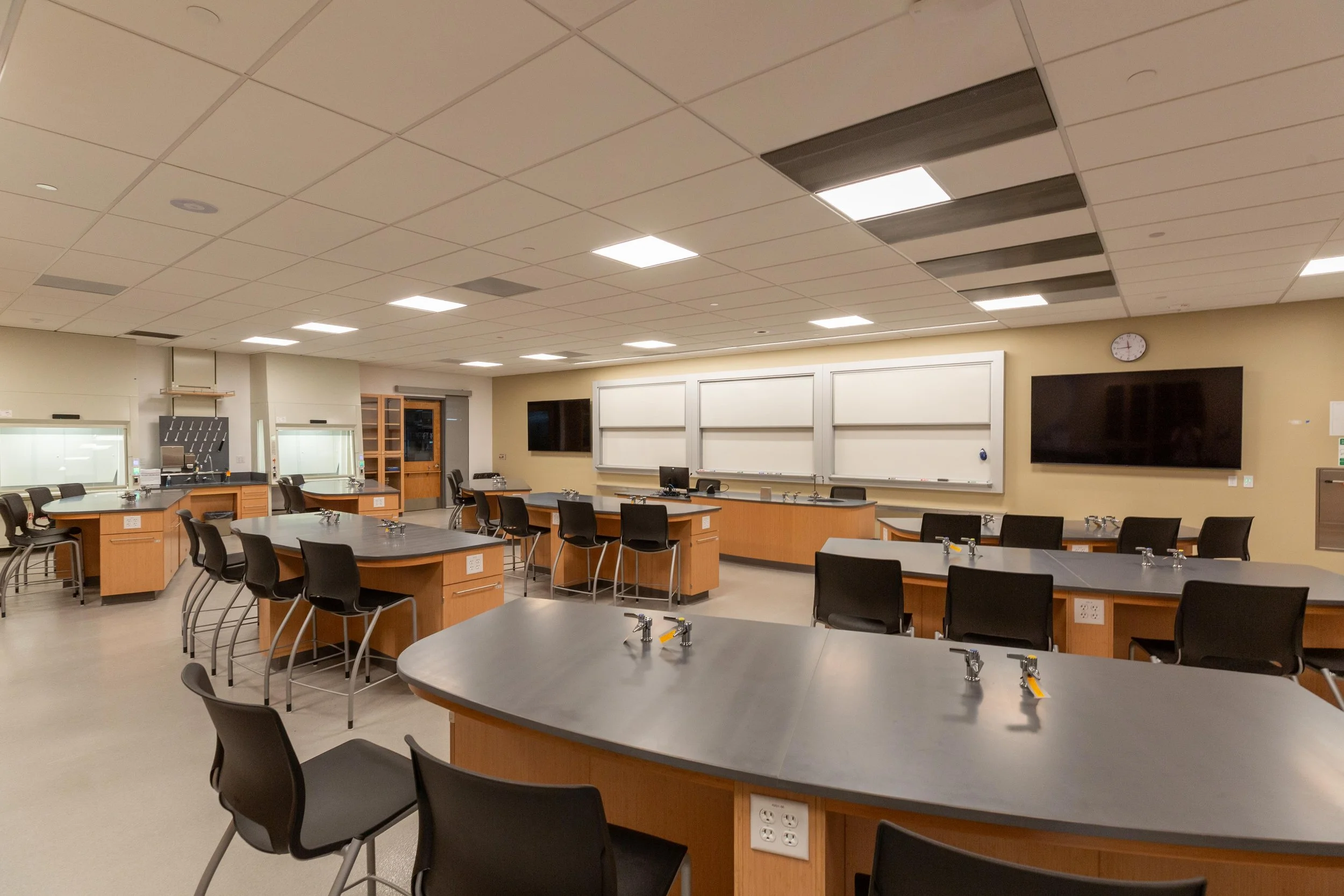 Custom Bamboo student workstations and NovaGuard fume hoods in a lab