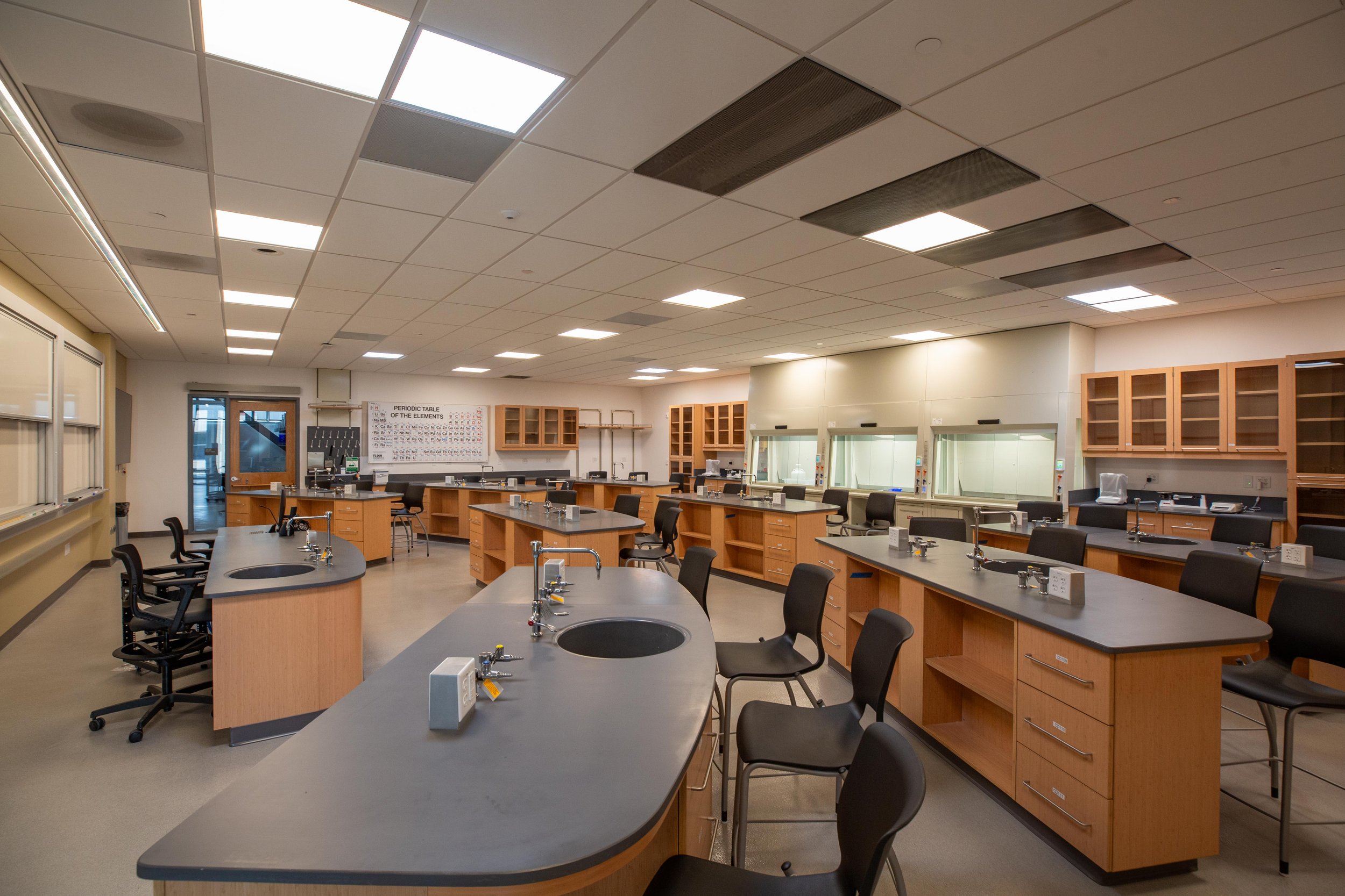 Custom Bamboo student workstations, casework, and NovaGuard fume hoods in a lab