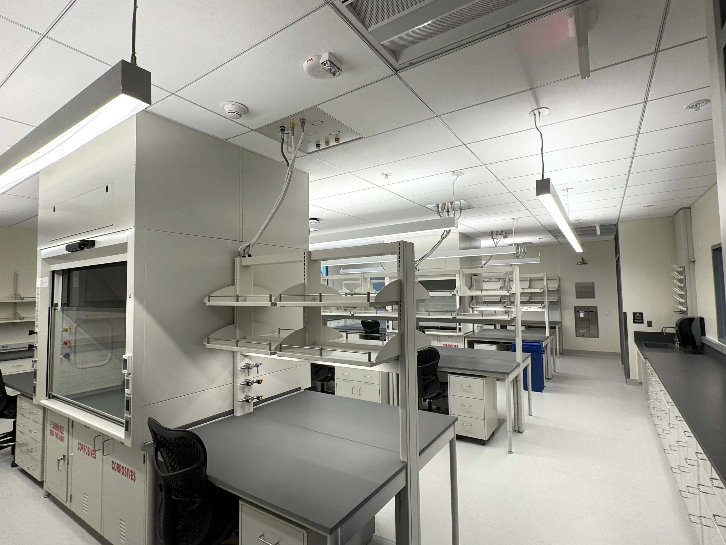 Optima benches with steel casework below, and fume hoods, in a lab