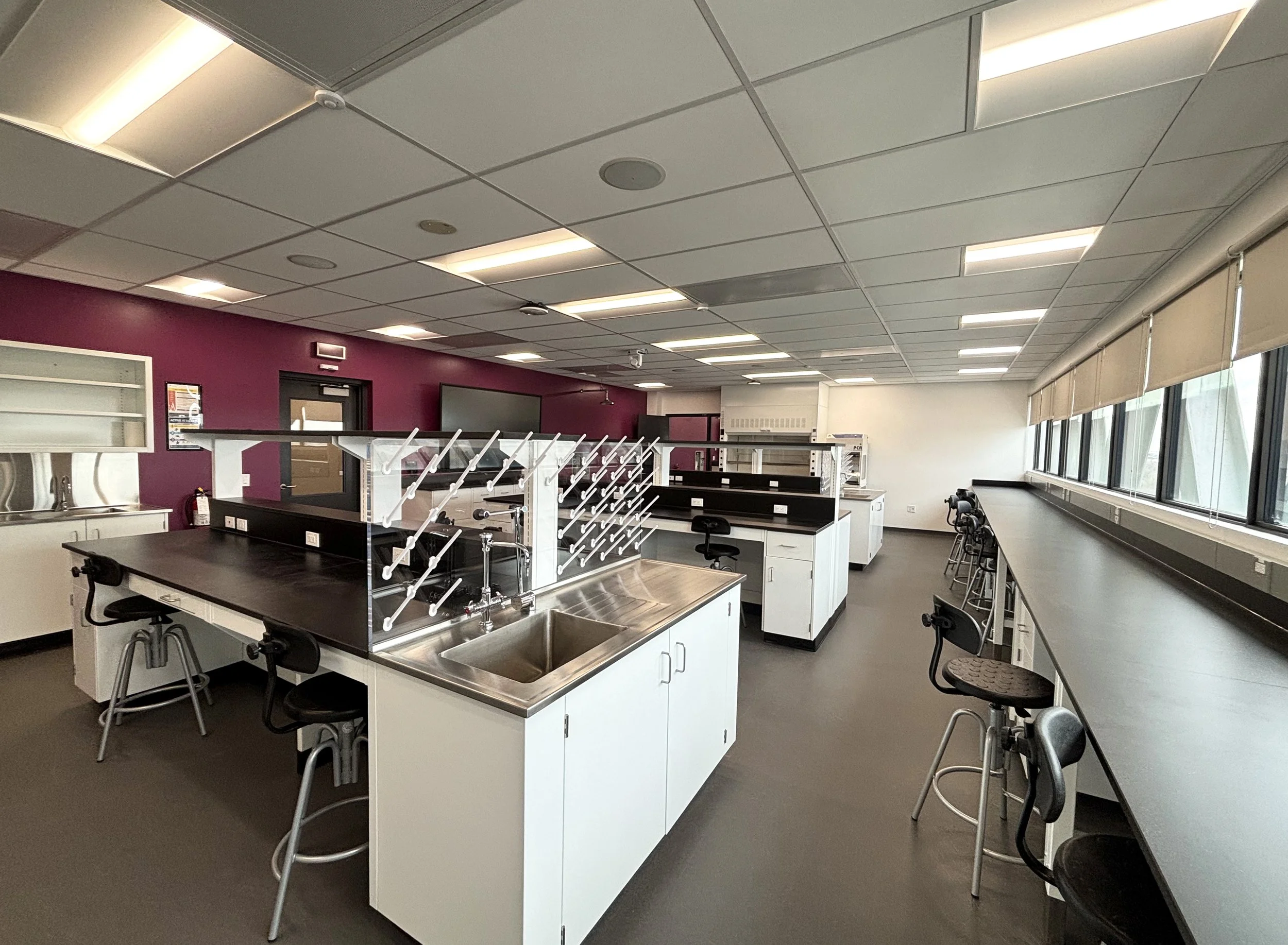 Benches, casework, chairs, and fume hoods, in a lab