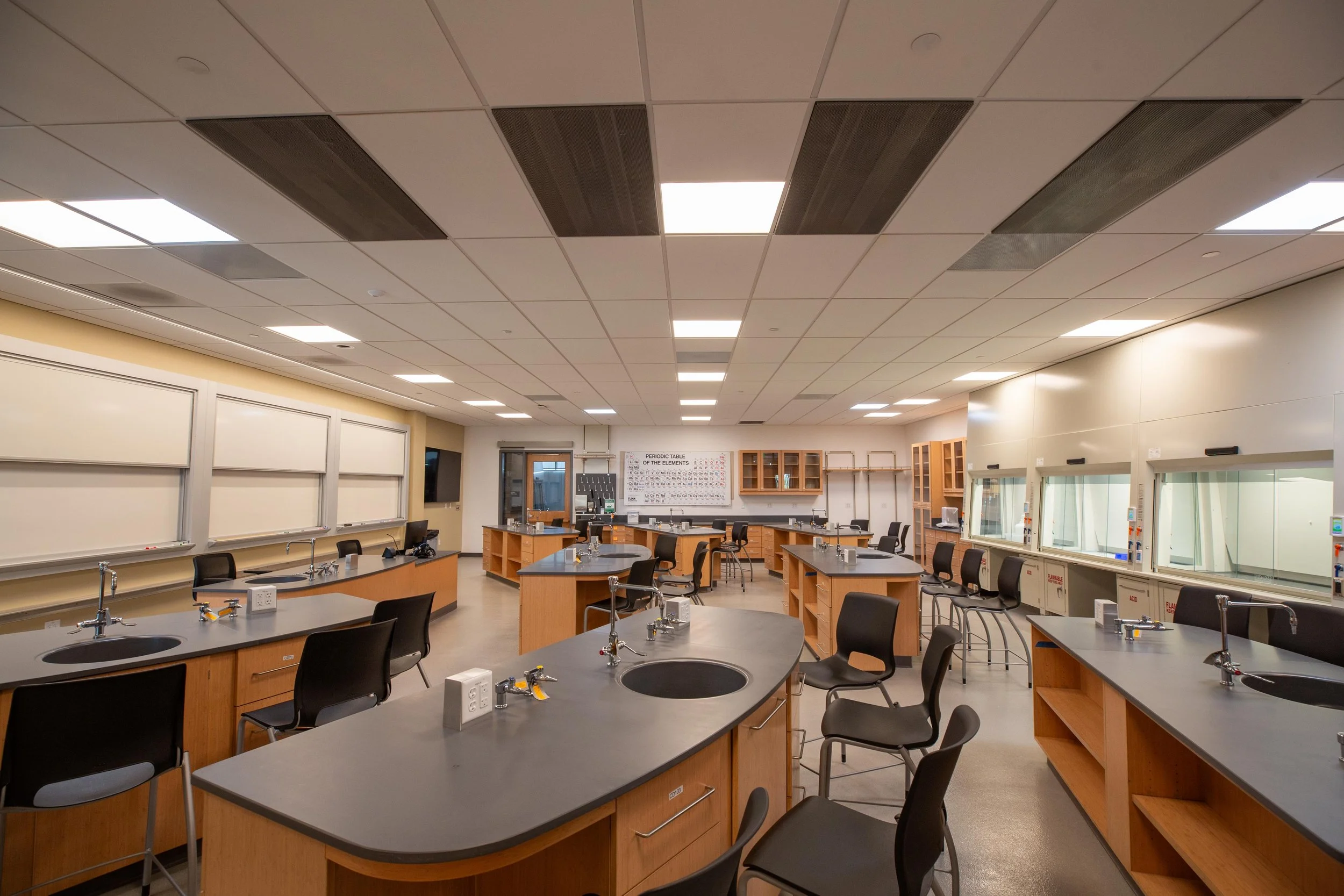 Custom Bamboo student workstations and NovaGuard fume hoods in a lab