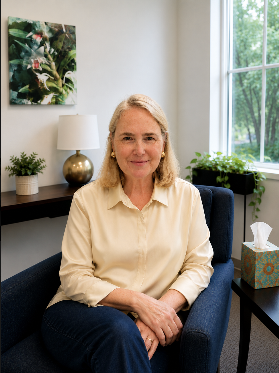 Sarah Moore, LPC, seated in a bright therapy office, offering counseling for women, relationships, anxiety, and life transitions in Arlington, VA and Washington, DC.