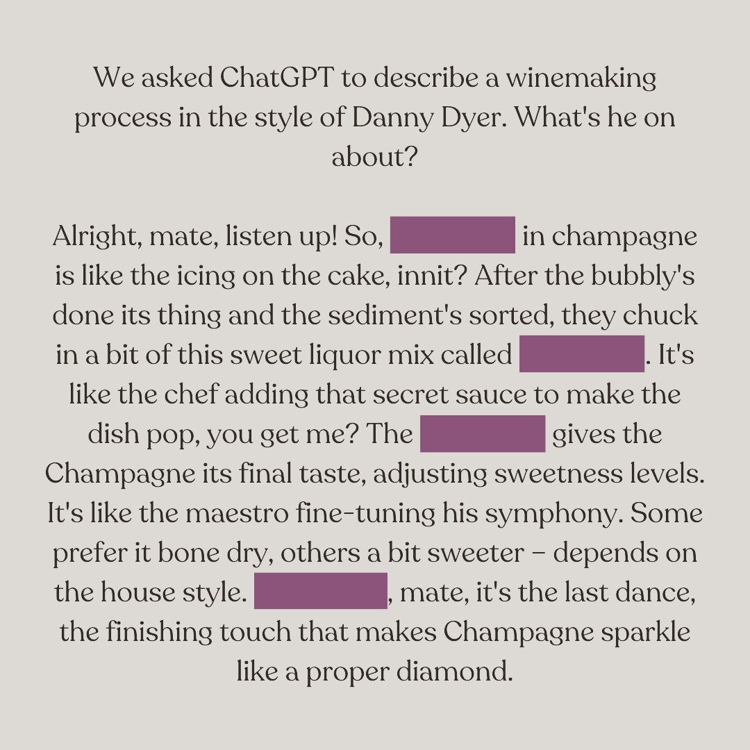 DM us or send your answer to hello@dropwine.co.uk if you think you know what Danny ChatGPT Dyer is talking about, and we'll put you in the draw for &pound;10 credit on the app.