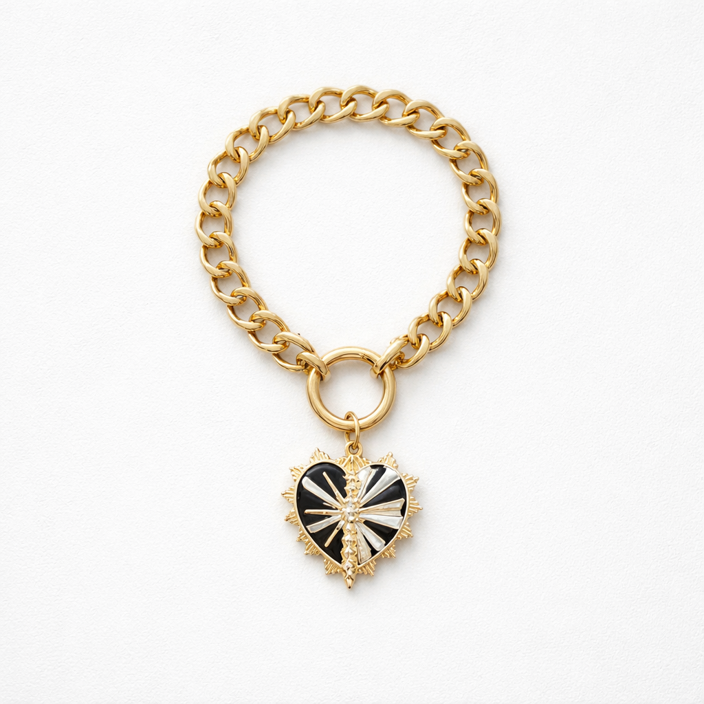 Curb Bracelet with Two Tone Heart Charm