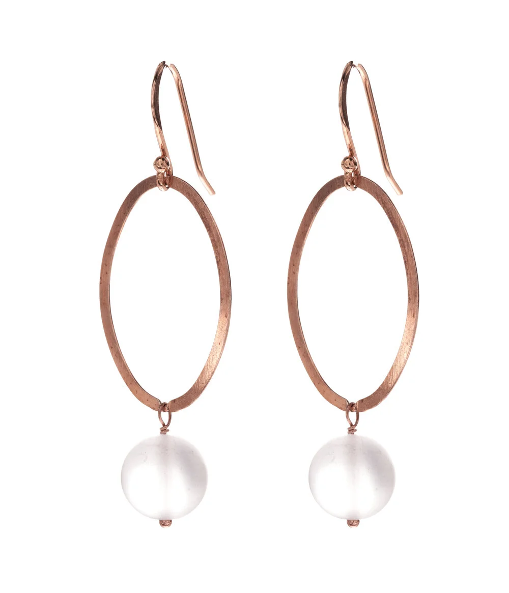 Rose Gold Hula Hoop Earrings with Frosted Quartz Kohatu and Petros