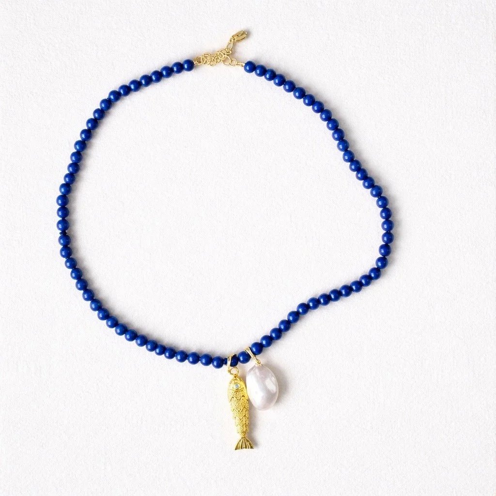 Lapis Pearl and Fish Necklace