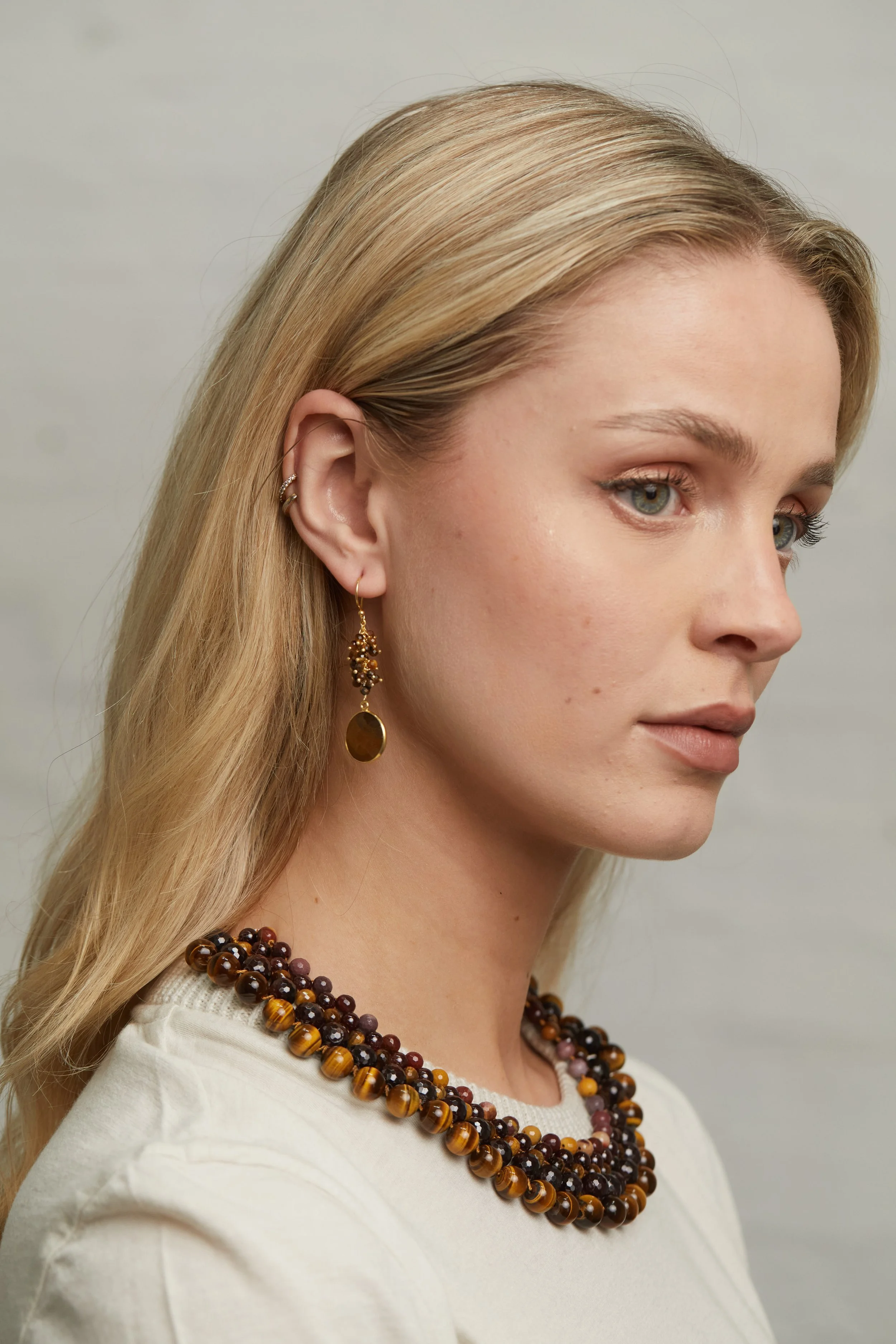 Yellow Tigers Eye Charm ER and Lace Collar Nk on model.jpg