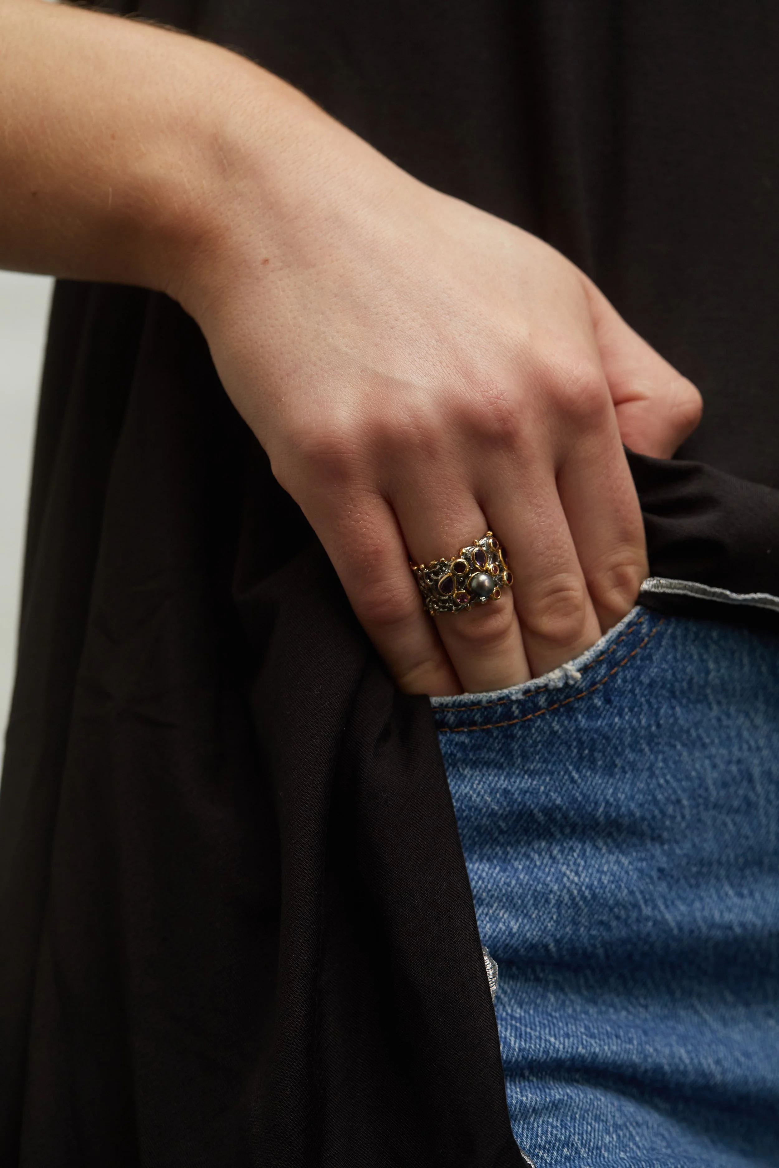 Grey Pearl and Gemstone Honeycomb Ring on model portrait.jpg 2.jpg