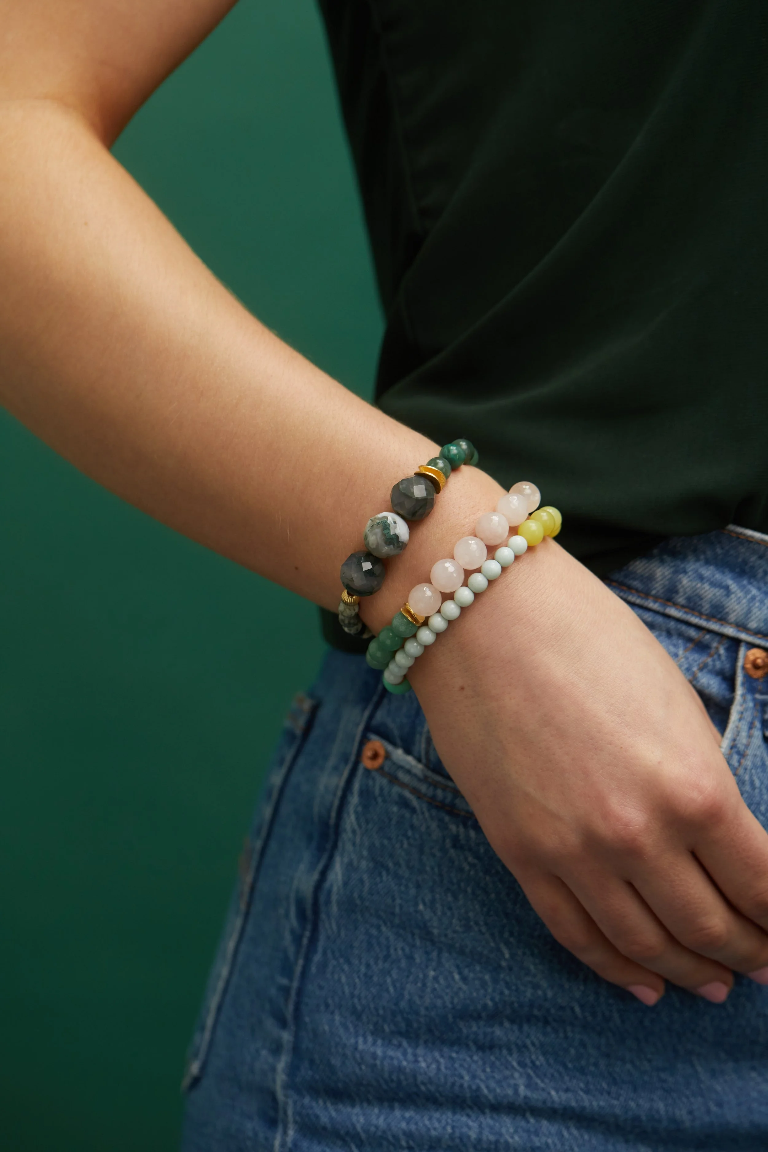 Nadia in Moss agate, Indian agate and rose quartz Mix 3 on model.jpg