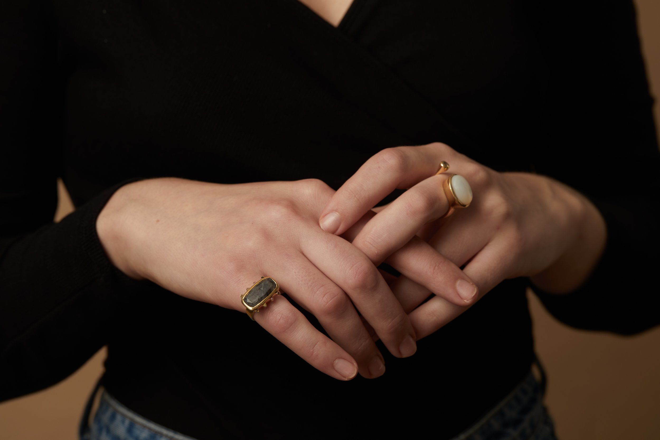 rutilated quartz Ring and Moonstone ring.jpg