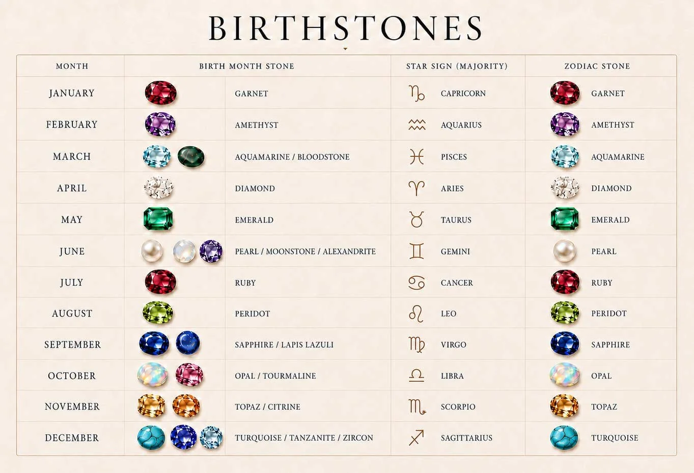 Birthstone chart showing gemstones for each birth month and zodiac sign