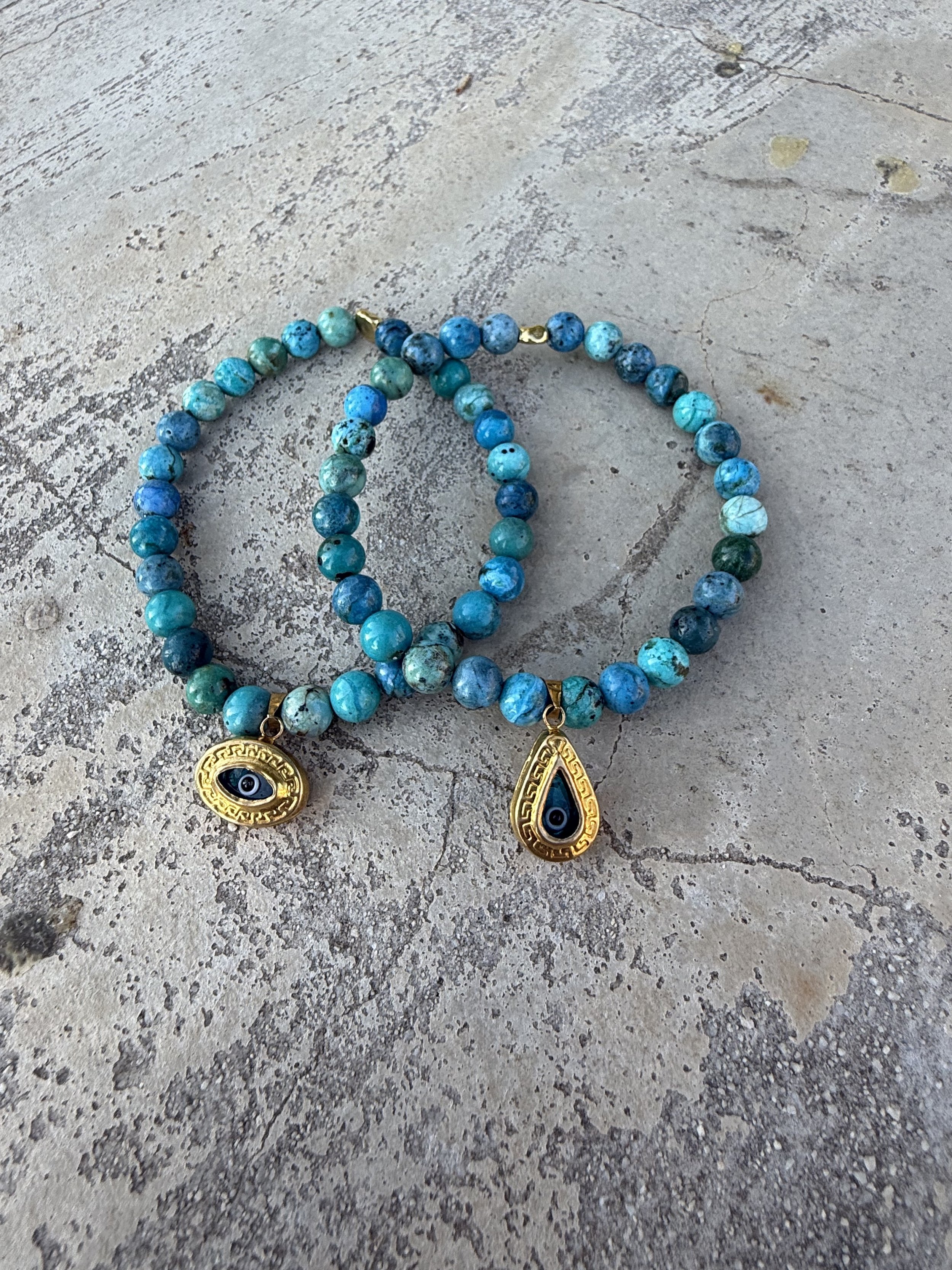 Chrysocolla Gemstone Bracelet with Evil Eye Charms