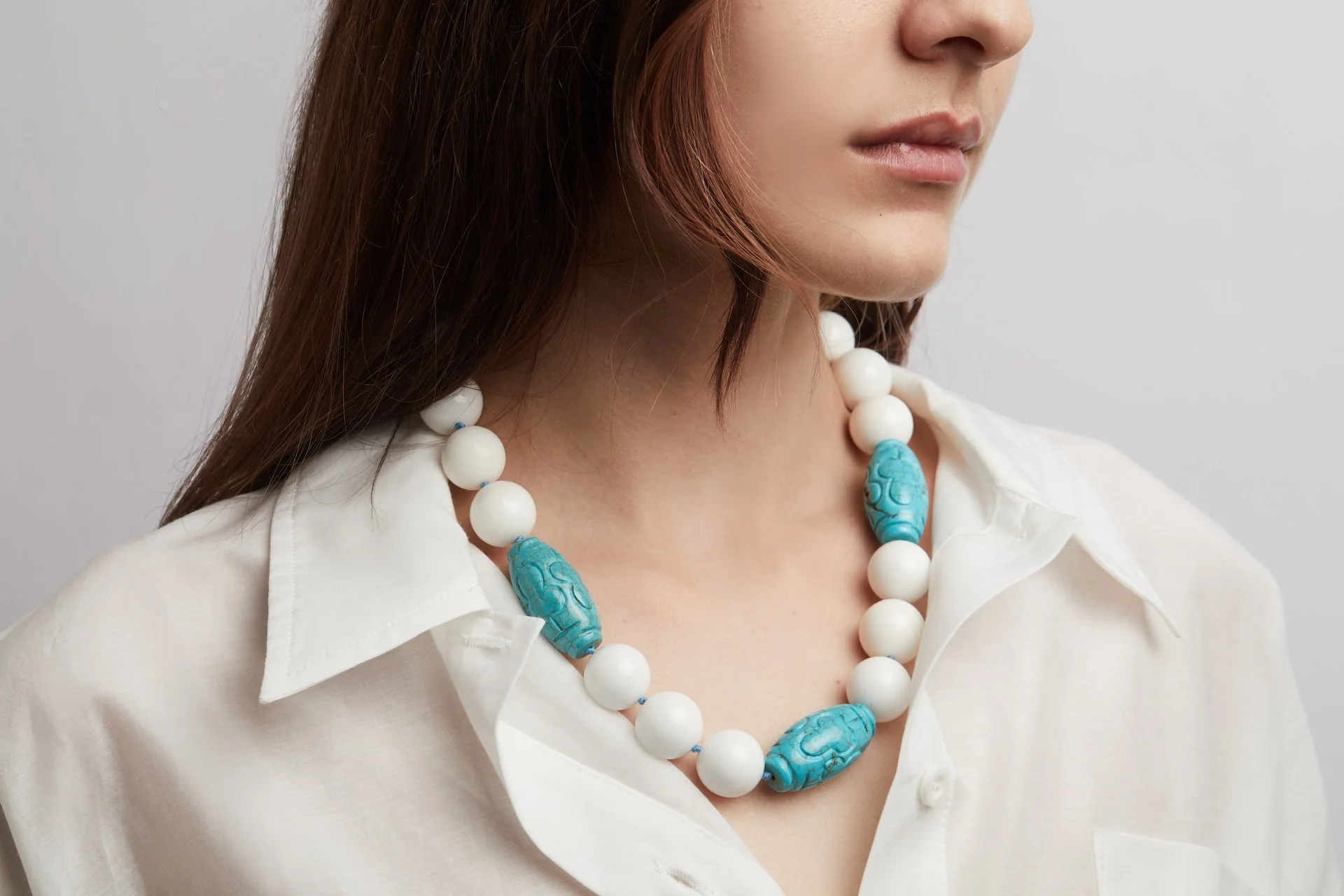 White Agate and Barrel Turquoise NK on model close up.jpg