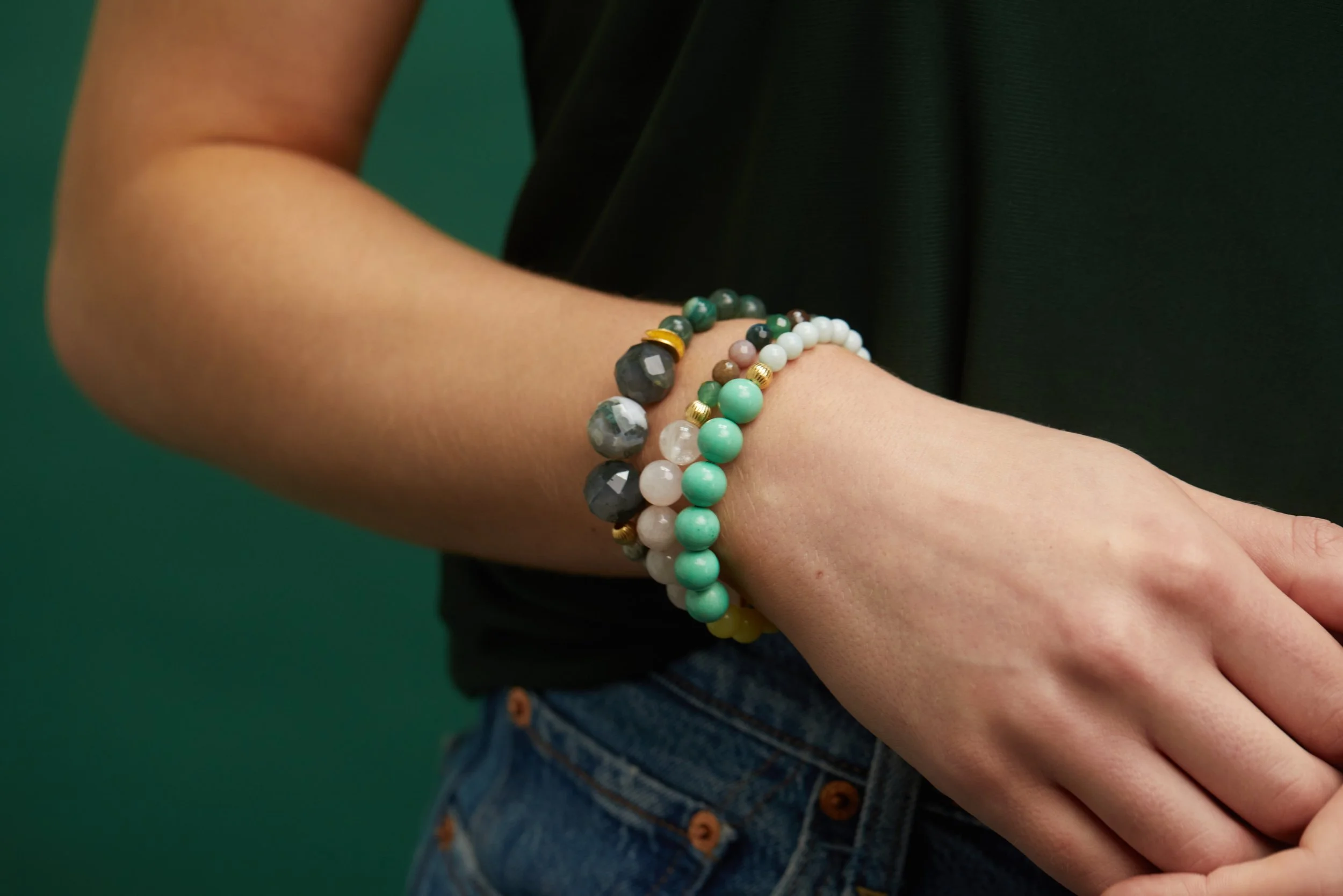 Nadia in Moss agate, Indian agate and rose quartz Mix on model.jpg