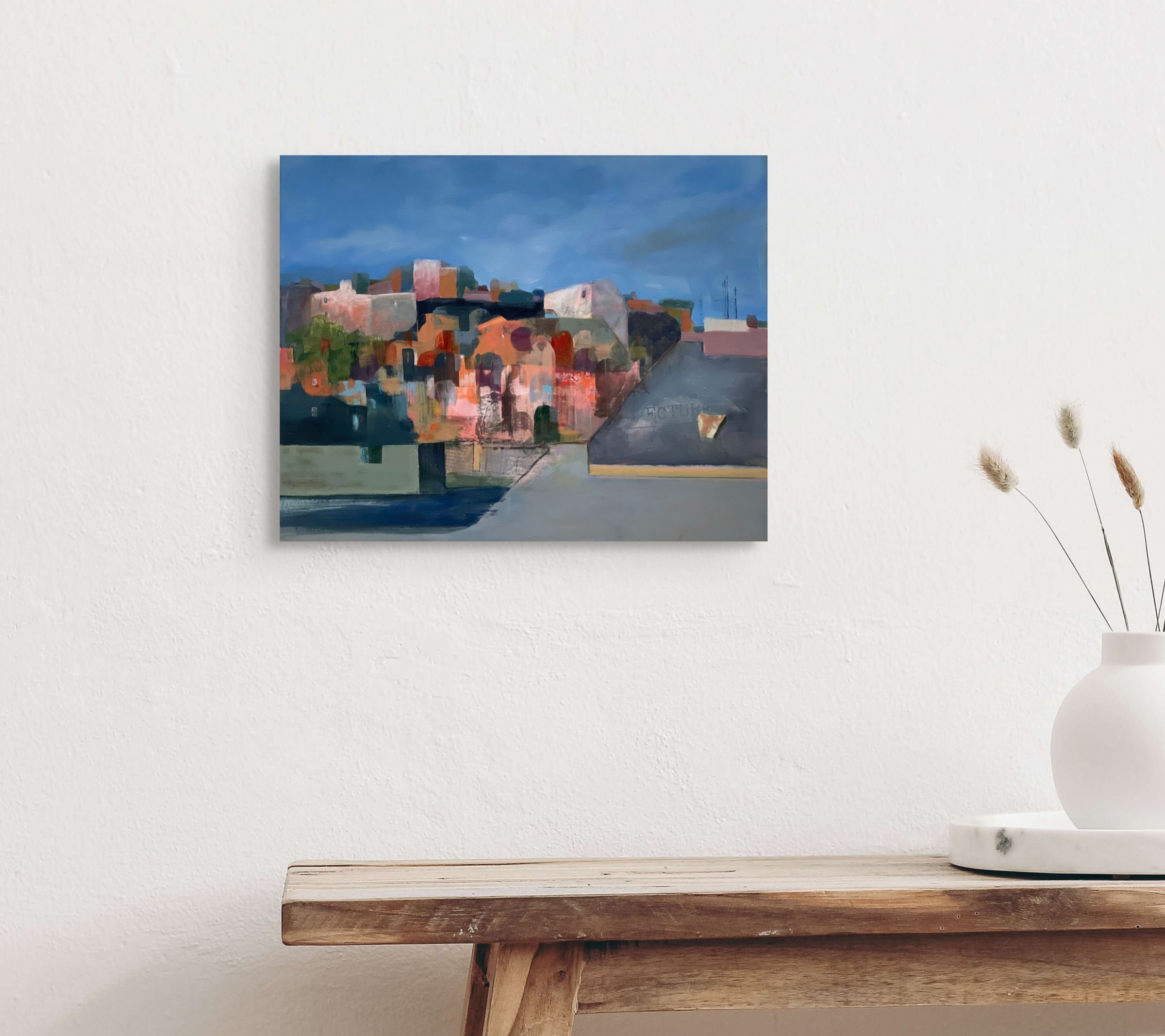 Semi abstract village painting in acrylic and vivid colours