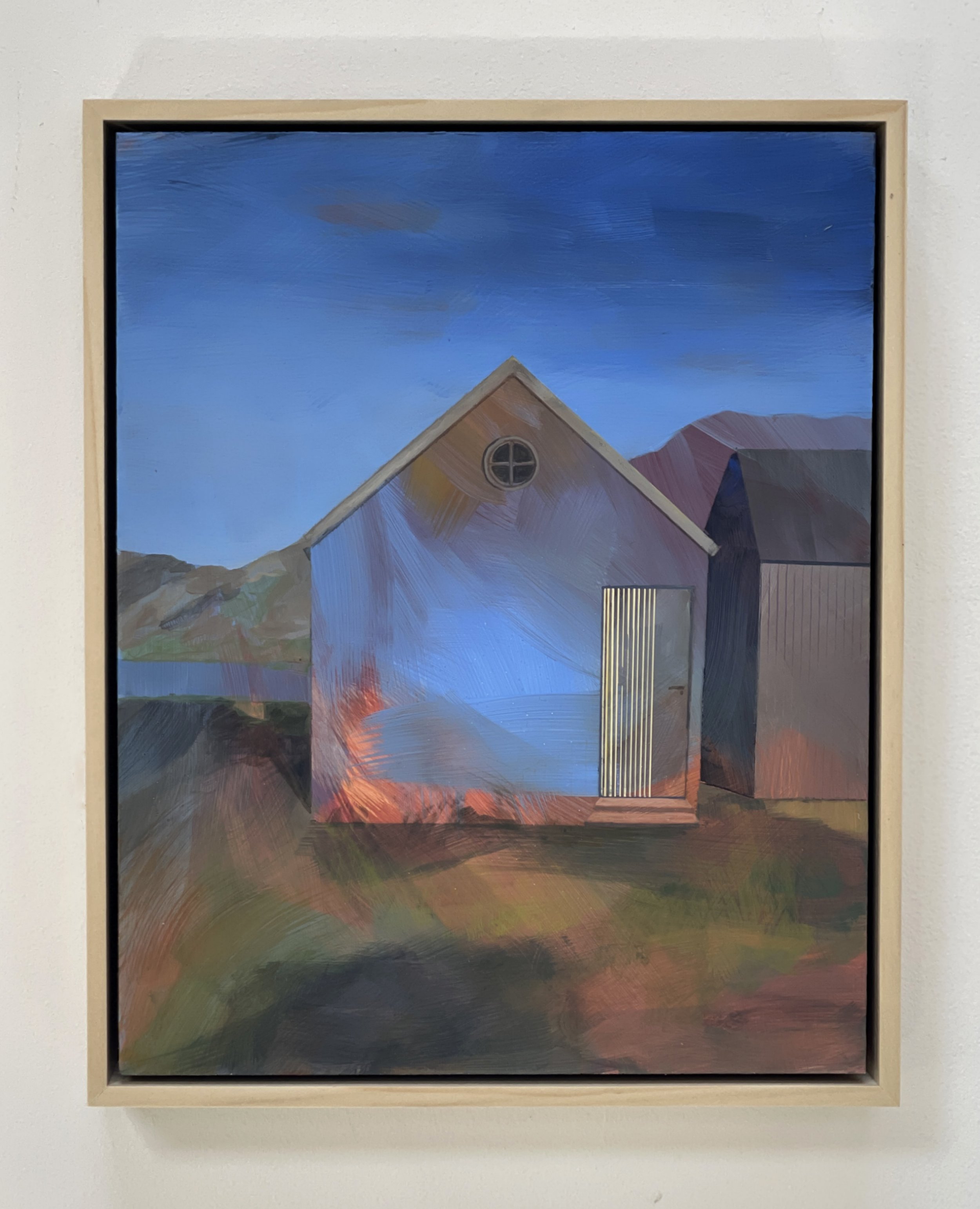 acrylic painting of beach cabins on France’s west coast, with quiet geometric structures set against a lively, shifting coastal landscape. Painted on a 24 × 30 cm wood panel.