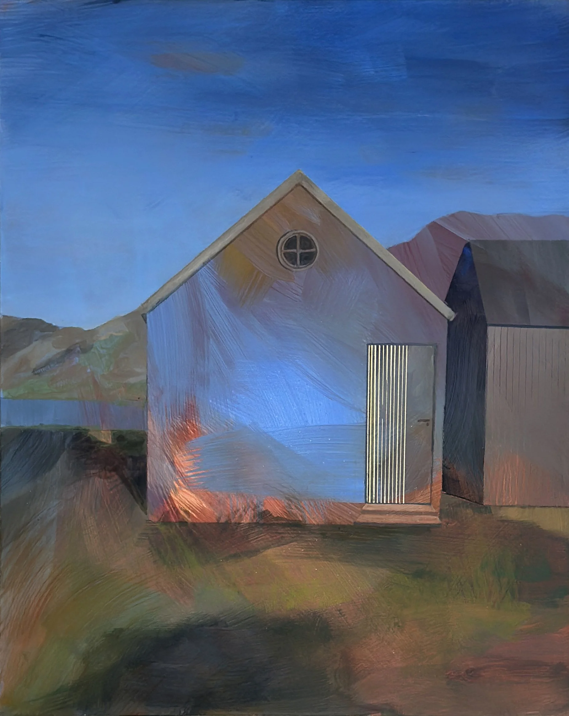 acrylic painting of beach cabins on France’s west coast, with quiet geometric structures set against a lively, shifting coastal landscape. Painted on a 24 × 30 cm wood panel.