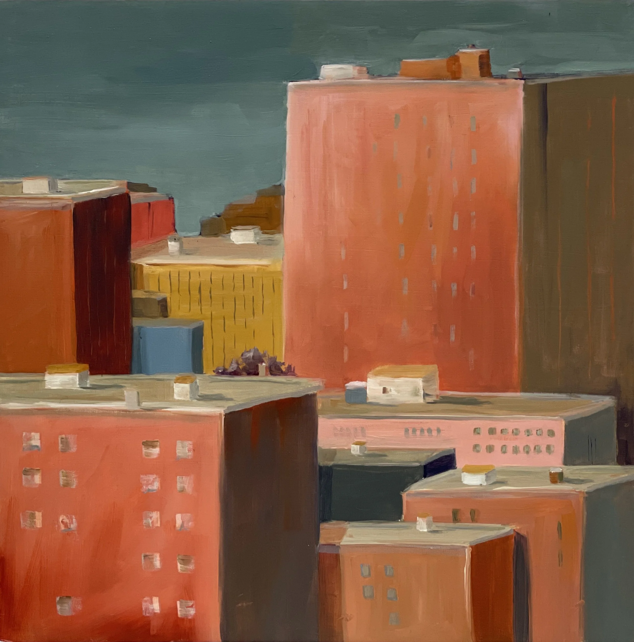 Cityscape painting in oil on wood panel, by artist Fabienne