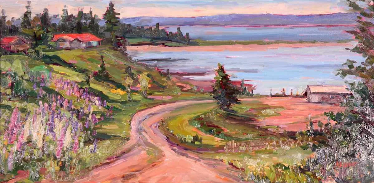 Melanie Levitt "High Tide and Lupines at Diligent River" OonB 12x24x1