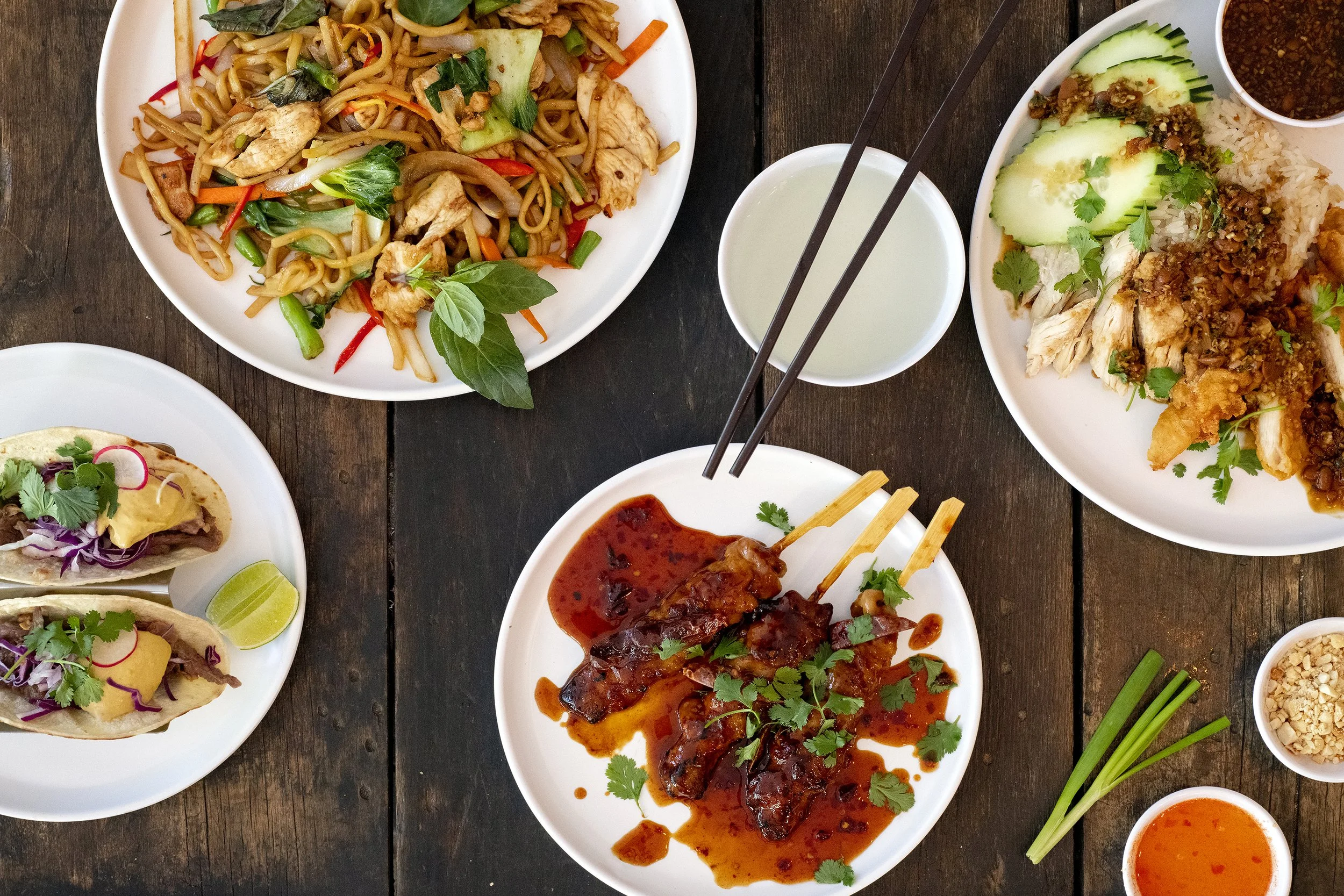 Zapp Pad Thai, BBQ Train Chicken Skewers Khao Man Gai Chicken