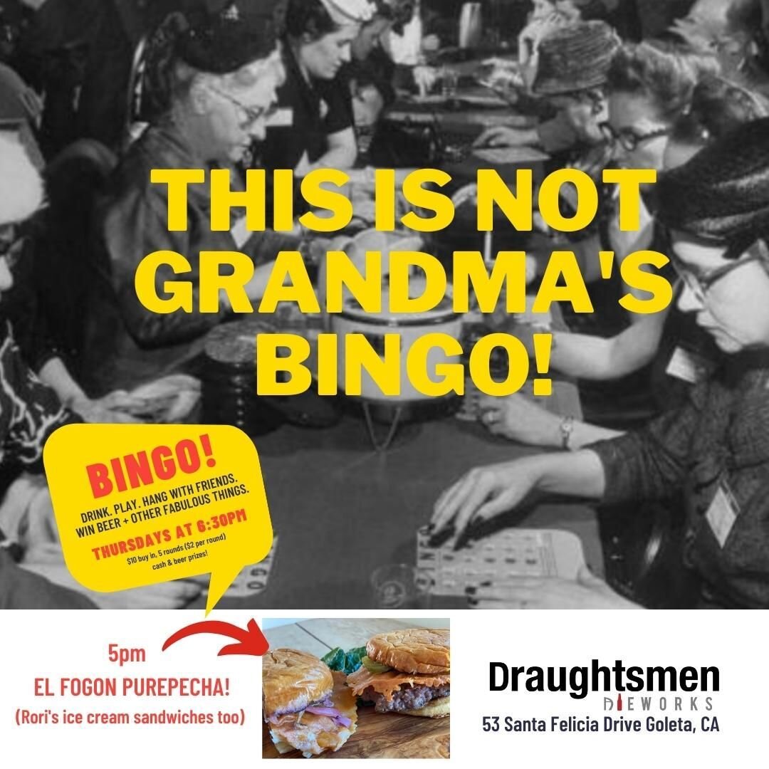 Hey ---it's Thursday again and time for BINGO + Burgers! Don't miss the fun. @elFogonPurepecha will be making smash burgers and other fabulous foods starting at 5pm. BINGO starts at 6:30pm. If you don't play you can not win. 

#burgersandbingo #bingo