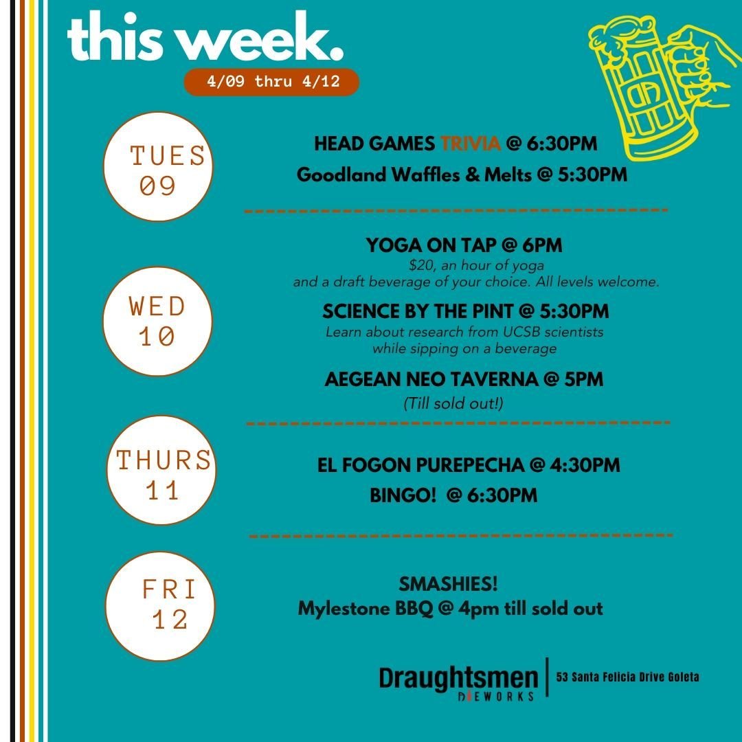 🌟✨ Get ready for a fun filled week at Draughtsmen Brewery! 🍻 Here's what's brewing:

🧘&zwj;♂️ Yoga on Tap: Start your week with a zen vibe! Join us every Monday and Wednesday at 6pm for Yoga on Tap. Stretch, flow, and sip on your favorite brews. N