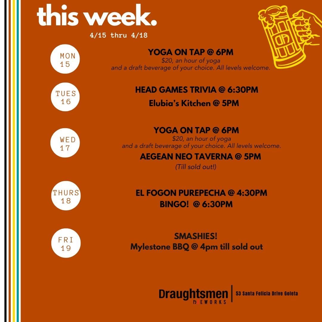 Let the good times roll at Draughtsmen this week.🍻🎉

Monday: Kick off your week with Yoga on Tap! A rotating line up of yogis leading an hour of yoga starting at 6pm. $20 for an hour of yoga and a draft beverage of your choice. Let&rsquo;s turn Mon