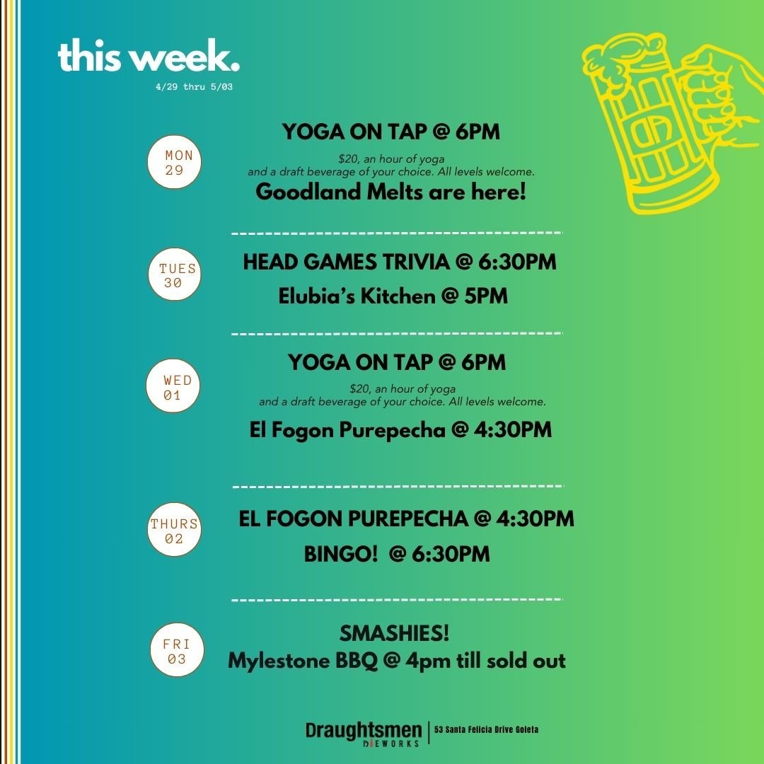 Another week of fun. 
Today:  Yoga on Tap at 6pm
@goodlandwafflesandmelts for a little snack or dinner.;) 

Tuesday: Trivia! @headgamestrivia at 6:30pm kicking things in high gear with plenty of brain teasers and packed with good music and the ever f