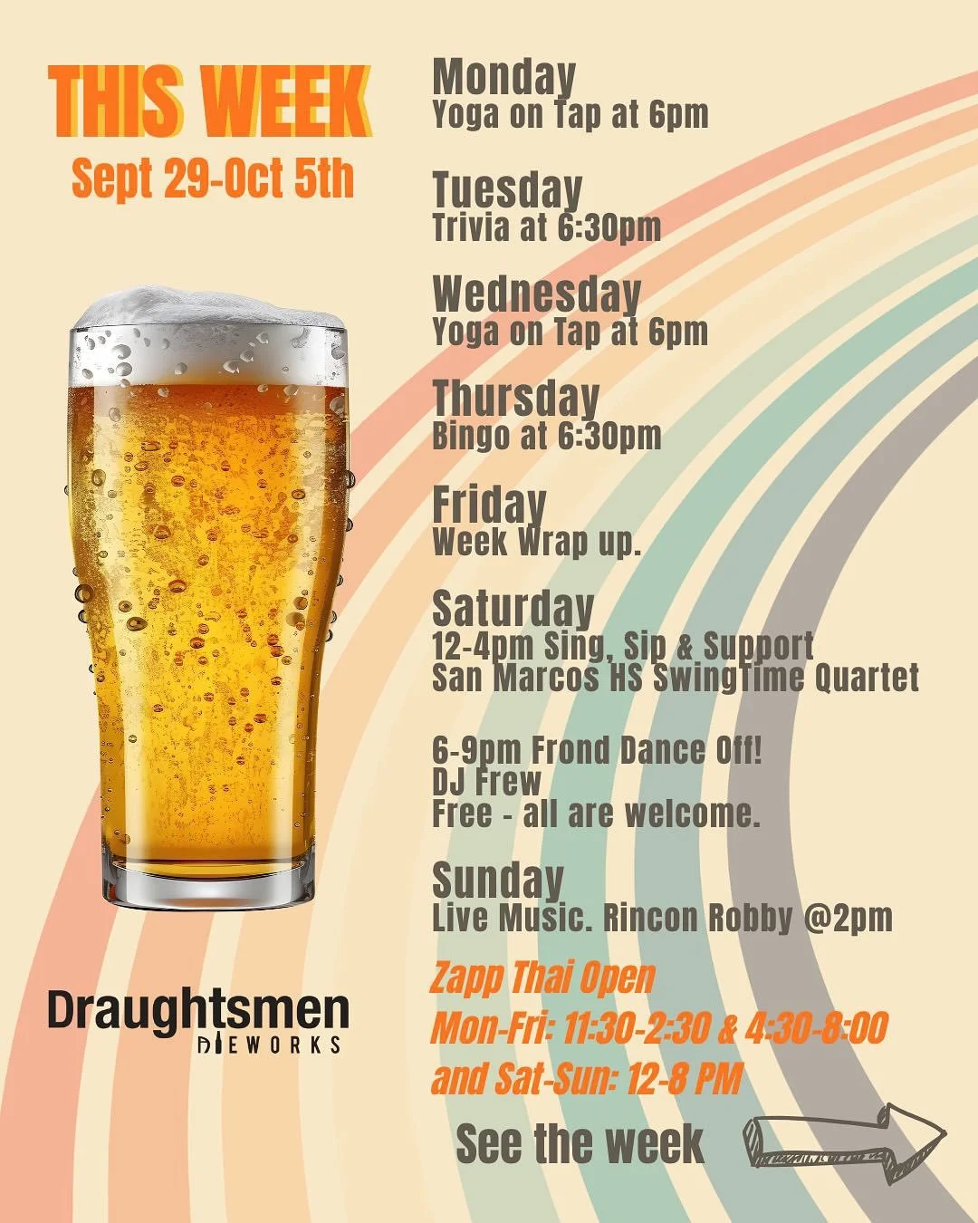 🍻 This Week at Draughtsmen Beer, bites, music &amp; plenty of good vibes.

🧘&zwj;♀️ Mon 9/29 &ndash; Yoga on Tap @ 6pm Ground your week with Natalie. Stretch, breathe, sip.

🧠 Tue 9/30 &ndash; Trivia Night @ 6:30pm Free, fun, and full of laughs. F