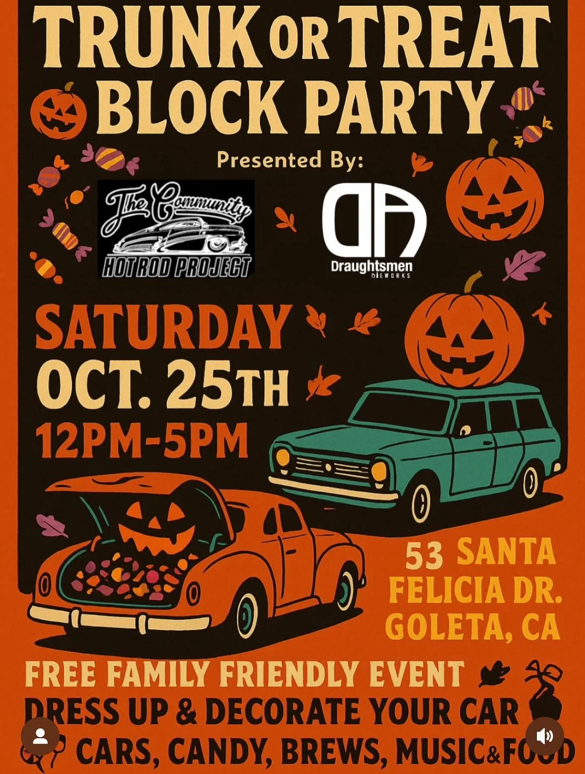 🎃 Saturday, October 25th
 🕛 12&ndash;5pm &ndash; Trunk or Treat Block Party presented by the Community Hot Rod Project 🚗💀 Free family fun! Dress up, snag some candy, grab bites from @zappfoodtruck, and catch @darkcurrentband live starting at 1:30