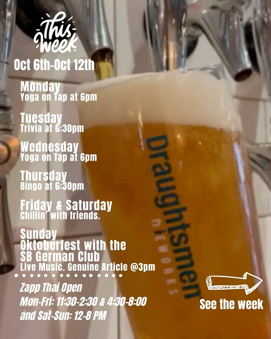 🧘&zwj;♀️ Mon 10/06 &ndash; Yoga on Tap @ 6pm Ground your week with Natalie. Stretch, breathe, sip. 

🧠 Tue 10/07 &ndash; Trivia Night @ 6:30pm Free, fun, and full of laughs. Fuel your brain with @zappfoodtruck and your favorite pint.

🧘&zwj;♂️ Wed