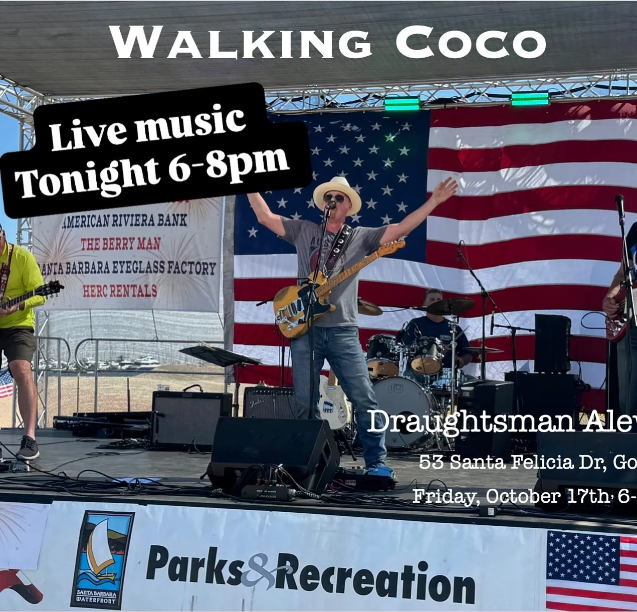 Come enjoy live music with Walking Coco to cap off your week. @zappfoodtruck will be here and ready to fill your belly. 
.
.
.
#livemusic #walkingcoco #draughtsmen #livemusicsb #livenotessb #goleta