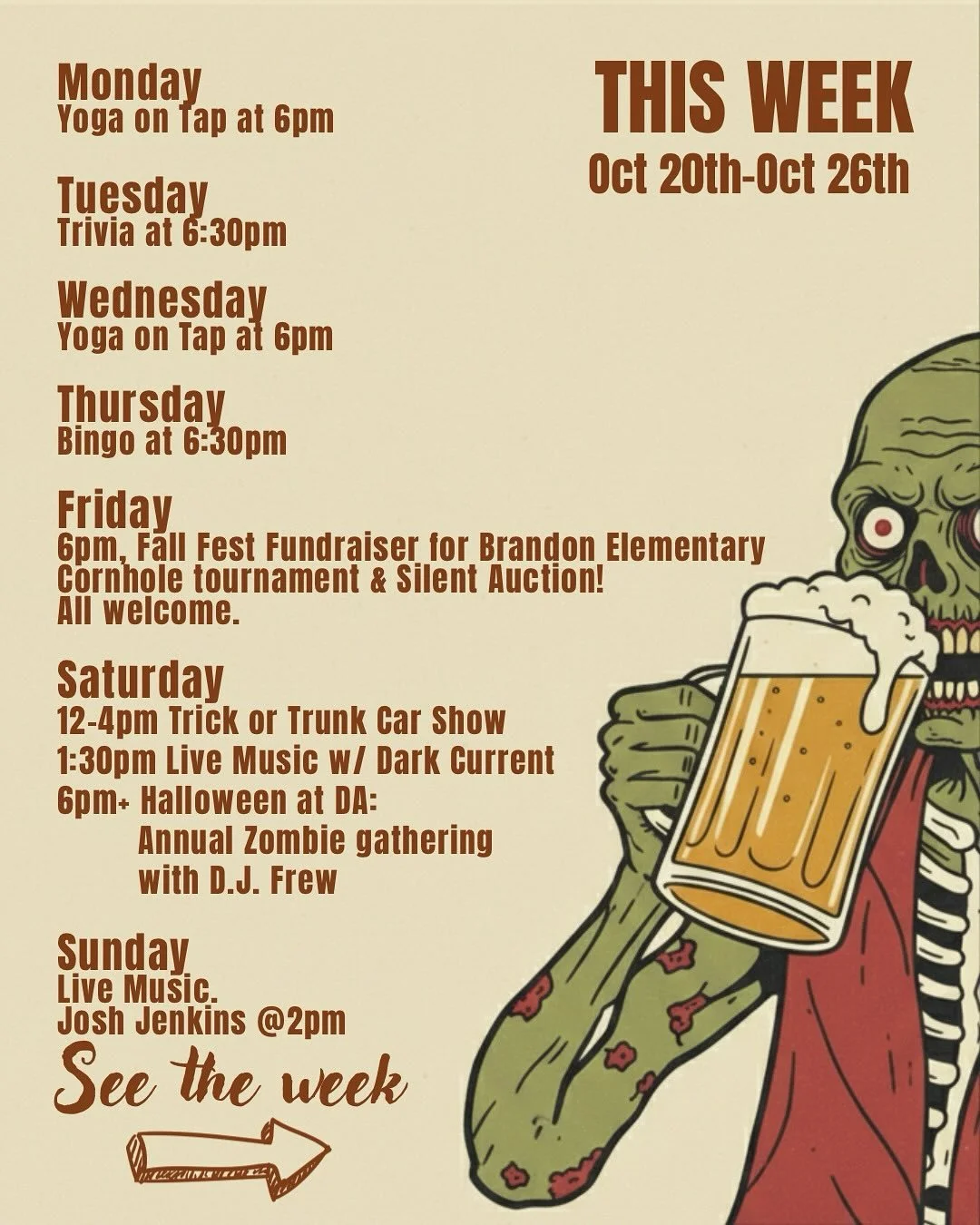 🍻 This Week at Draughtsmen Beer, bites, music &amp; plenty of fall fun all week long.

🧘&zwj;♀️ Mon 10/20 &ndash; Yoga on Tap @ 6pm Start your week grounded with Kristin. Stretch it out, sip it out.

🧠 Tue 10/21 &ndash; Trivia Night @ 6:30pm It&rs